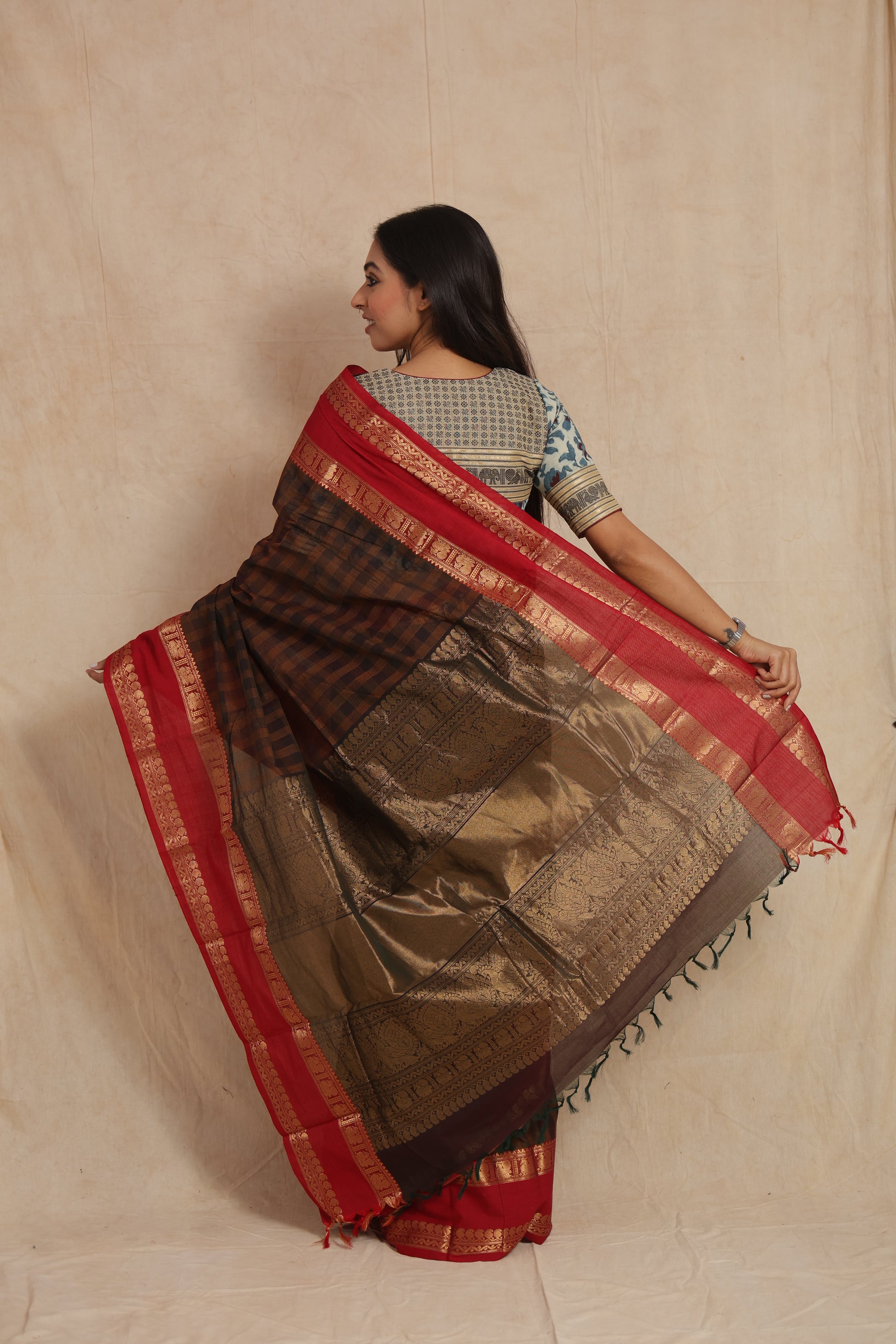 Back view of saree highlighting intricate zari pallu and traditional weave