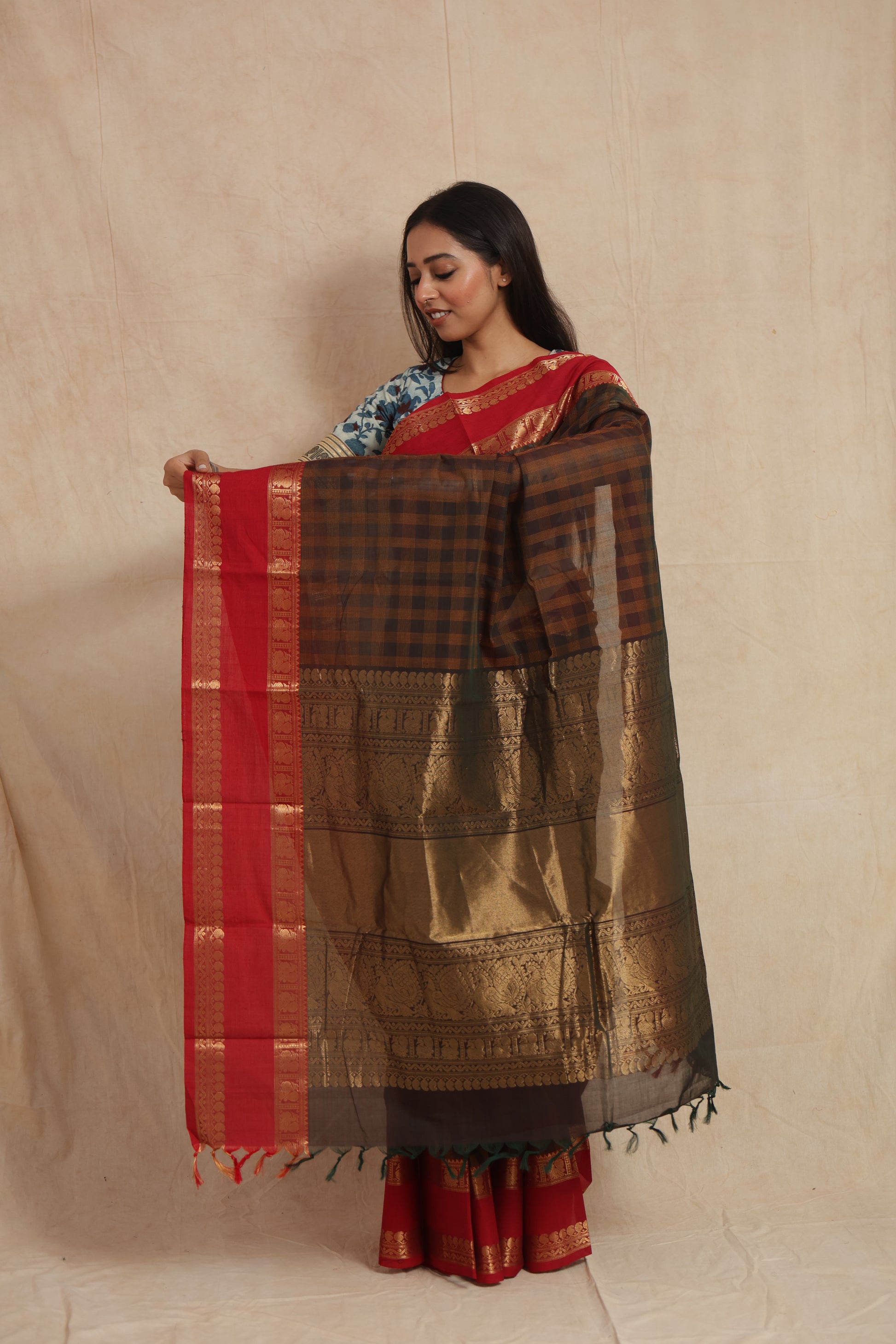 Full pallu display of Kanchipuram cotton saree with detailed zari patterns