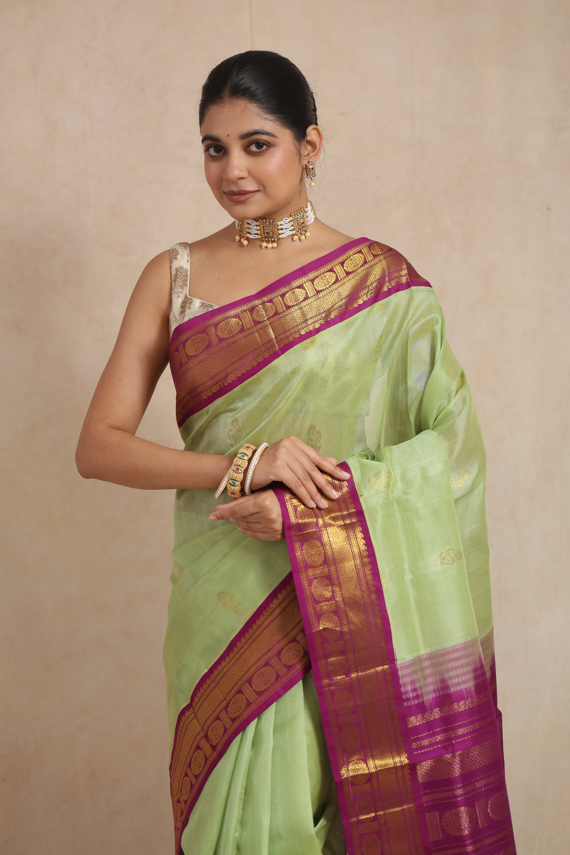 Portrait view of pastel green Kanchipuram Sico saree with magenta woven border