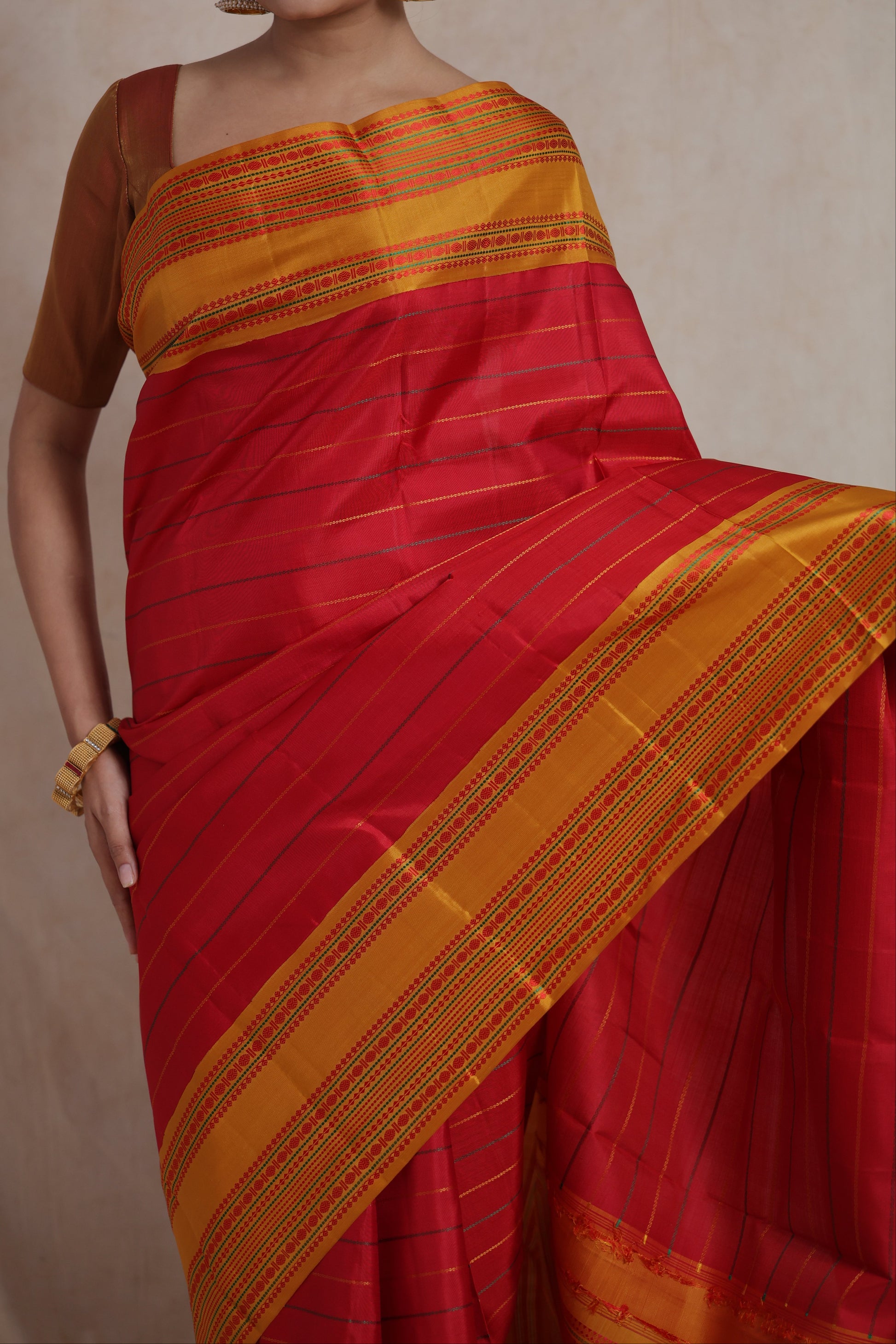 Detailed view of mustard gold woven border and traditional motifs on red Kanchipuram silk saree