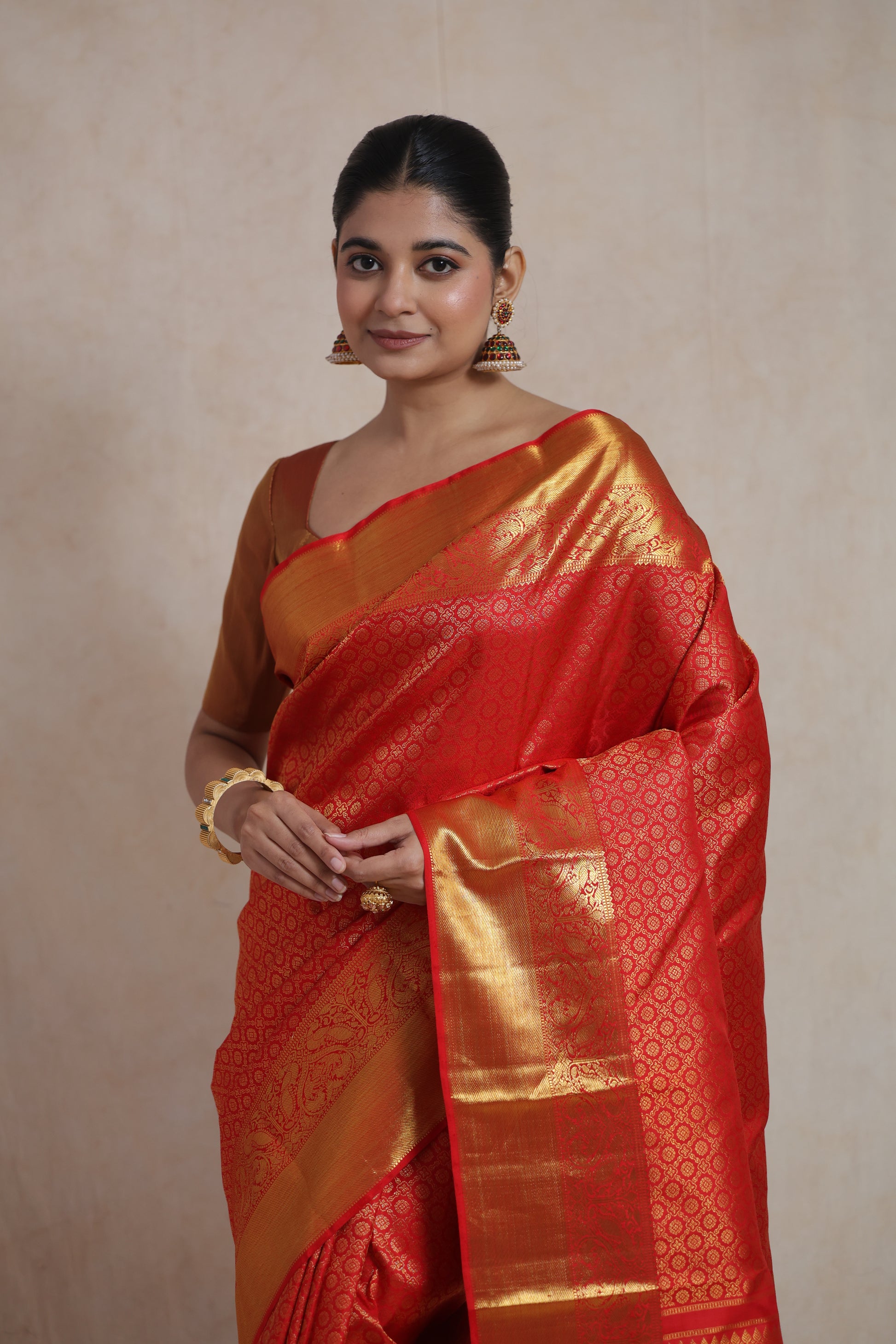 Detailed border of Kanchipuram silk saree with rich gold work