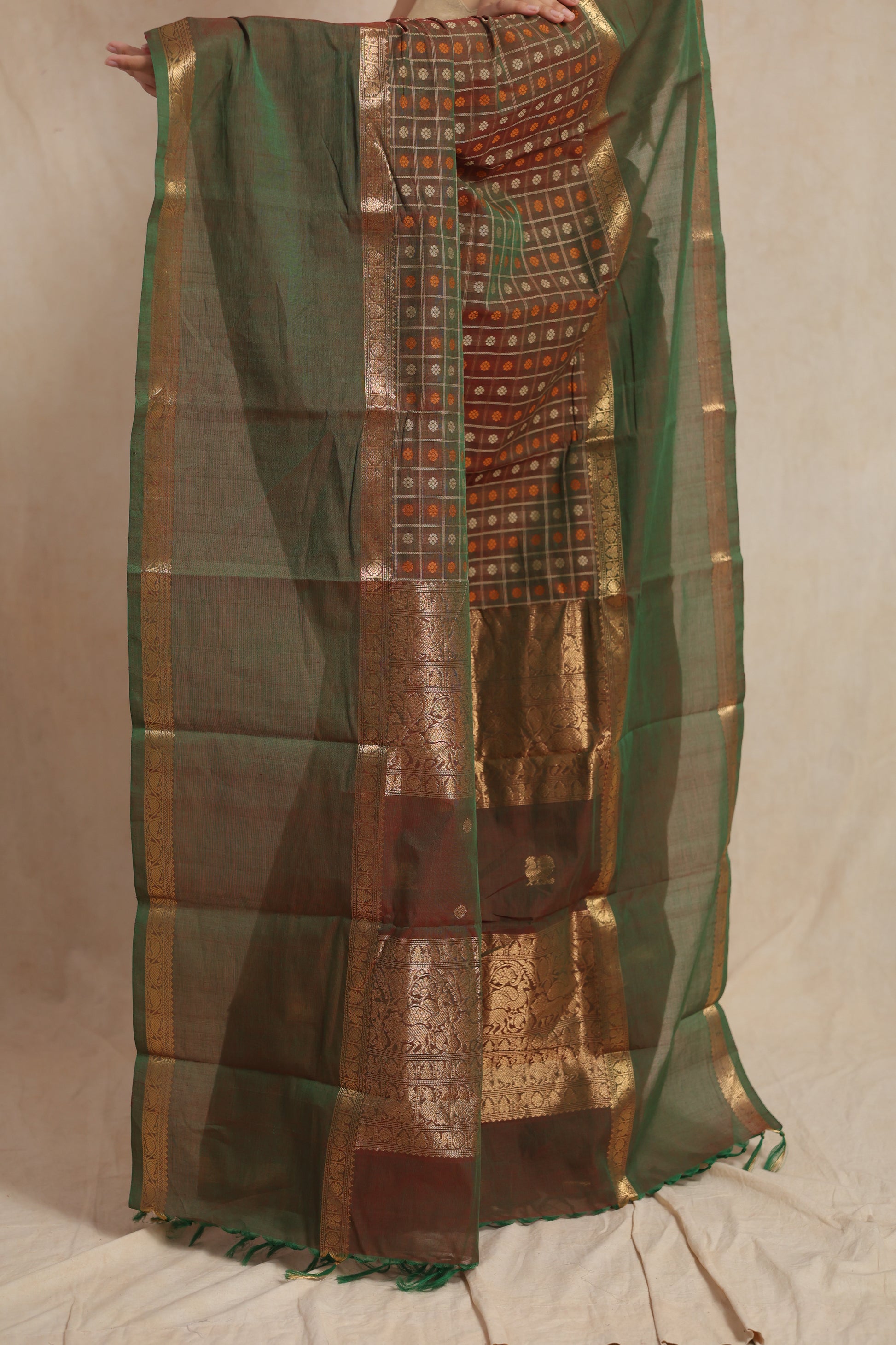 Detailed pallu view of olive green Kanchipuram cotton saree with traditional woven motifs