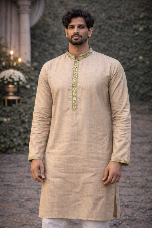Beige Silk Blend Kurta with Floral Embroidered Neckline Design