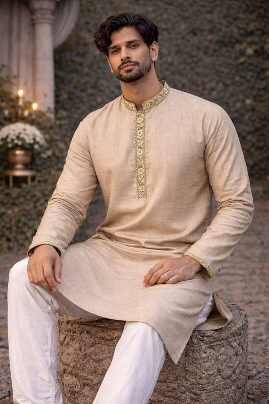 Beige Silk Blend Kurta with Floral Embroidered Neckline Design