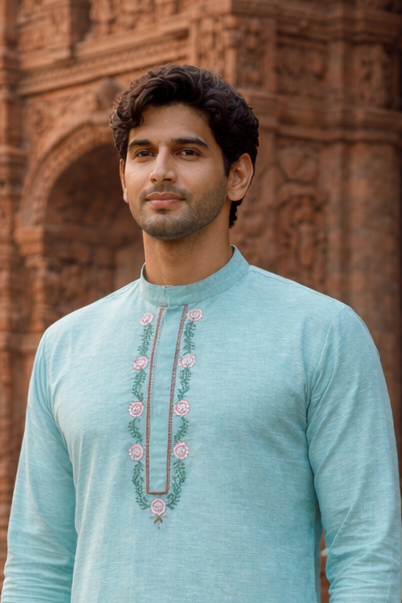 Mint Green Cotton Kurta with Floral Embroidered Neckline