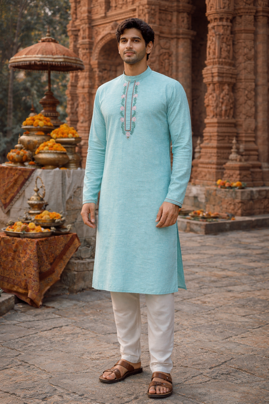 Mint Green Cotton Kurta with Floral Embroidered Neckline