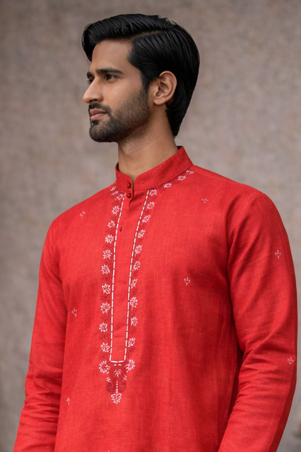 Coral Cotton Kurta with White Floral Embroidered Placket Design