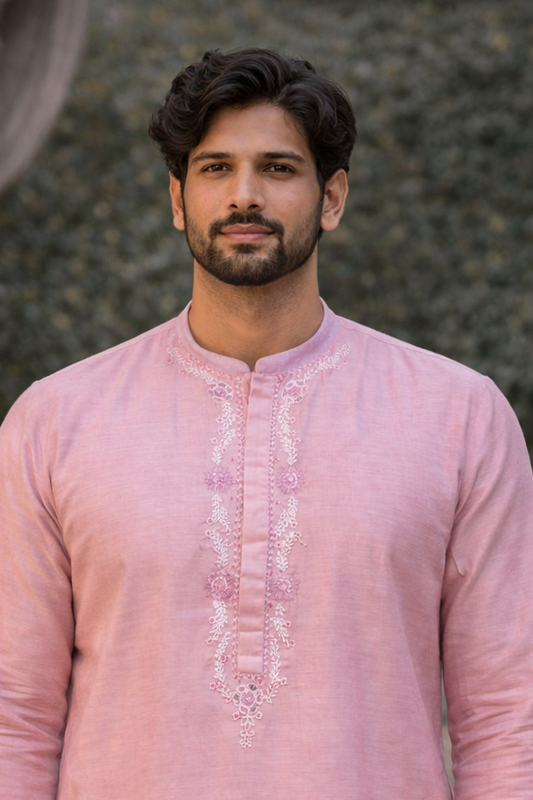 Elegant Pink Silk Blend Kurta with Floral Embroidery
