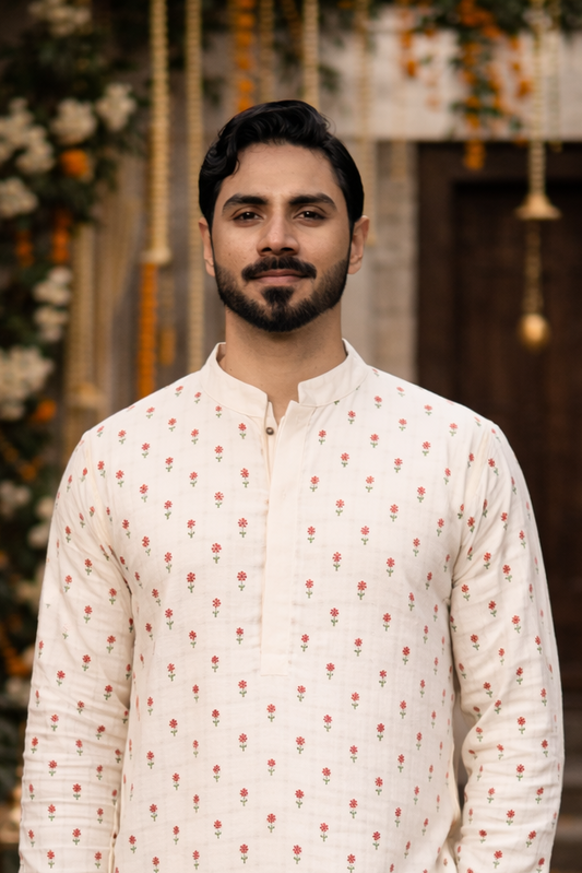 Elegant Off White Cotton Kurta with Floral Butta Print