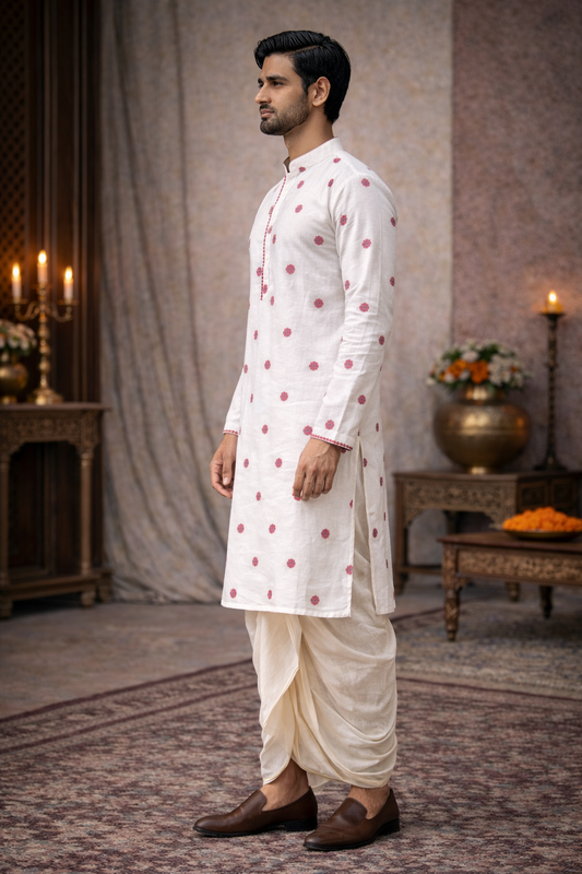 Classic Off White Cotton Blend Kurta with Floral Buttas