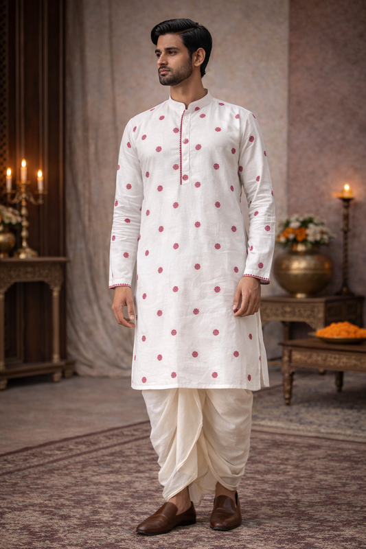 Classic Off White Cotton Blend Kurta with Floral Buttas