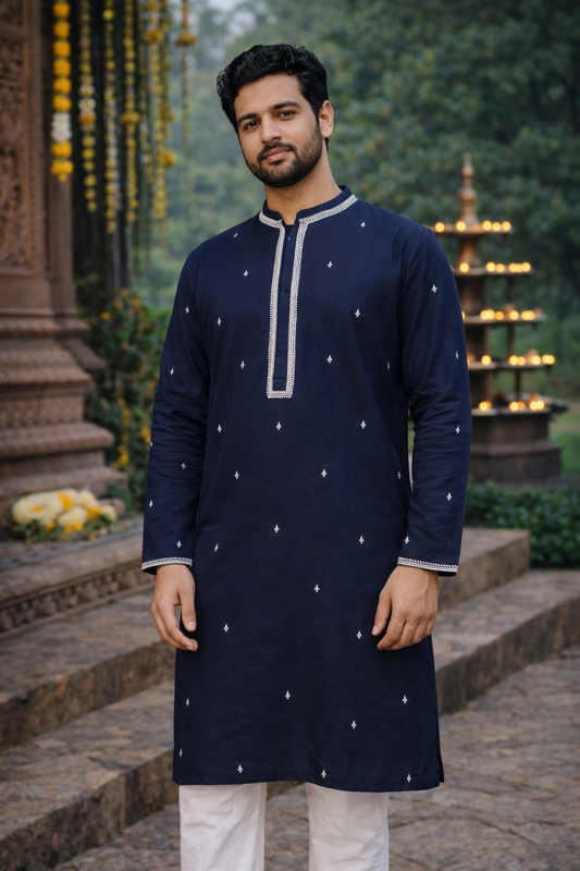 Classic Navy Blue Embroidered Cotton Kurta for Festive Grace