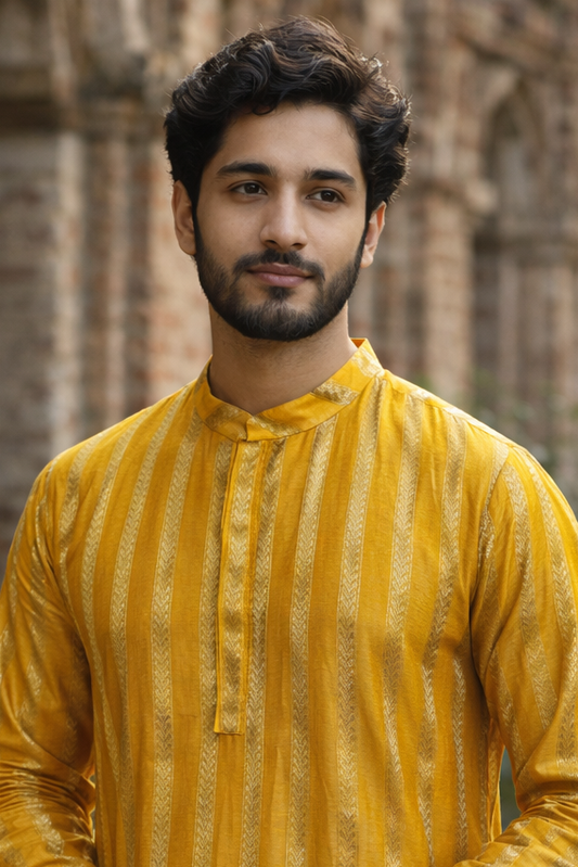Yellow Silk Blend Kurta with Vertical Golden Woven Stripe Motifs