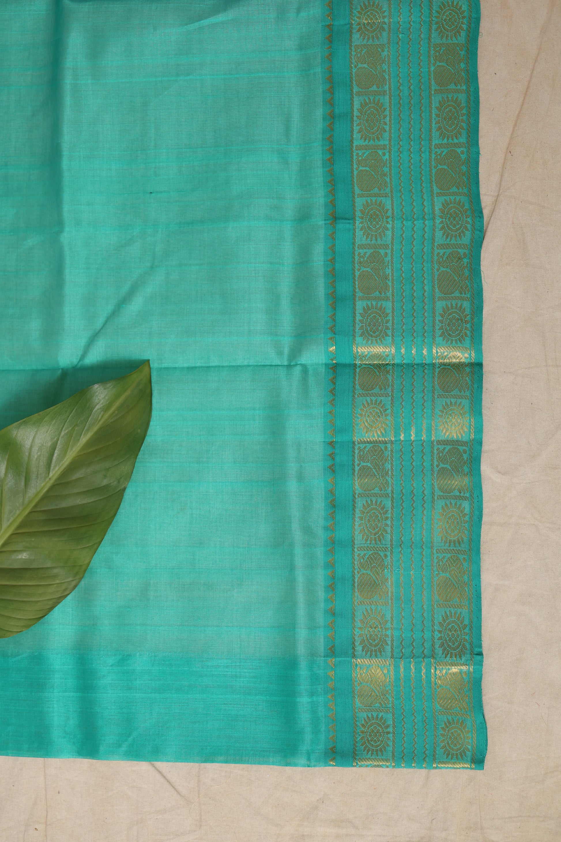 Aqua green zari woven border detail of lavender Kanchipuram Sico saree