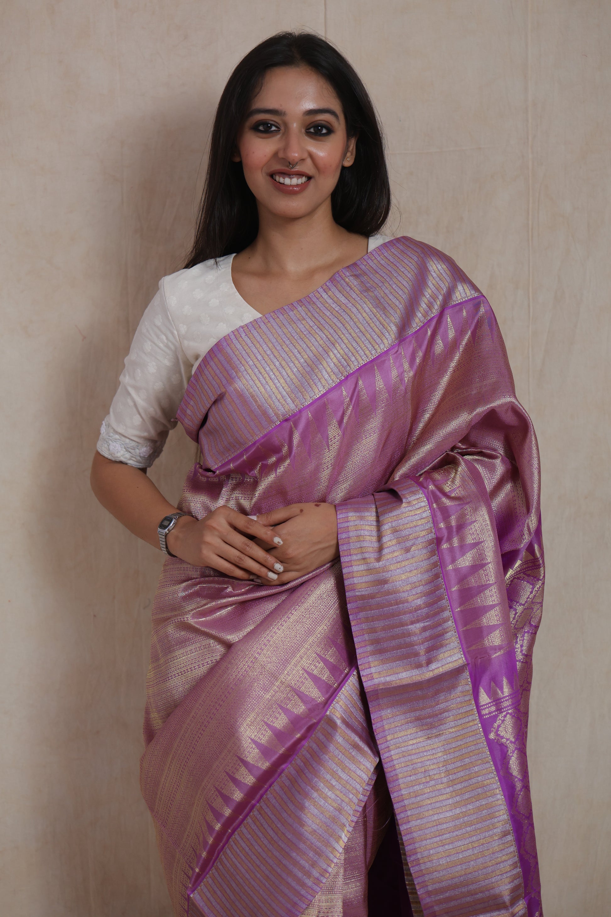 Front drape view of lavender Kanjivaram silk saree with shimmering zari weave
