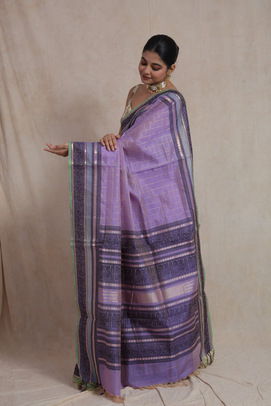 Lavender Kanchipuram silk cotton saree with woven zari border and pallu