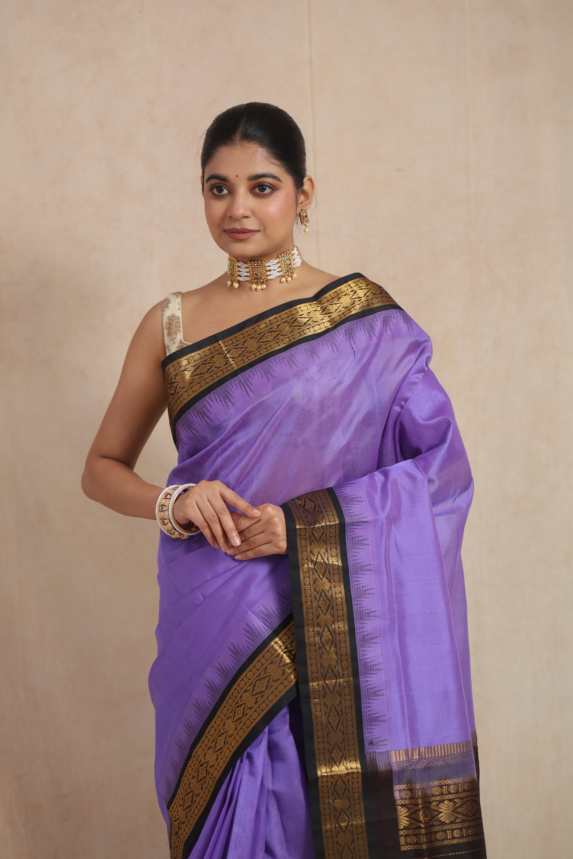 Close-up of lavender purple Kanchipuram Sico saree with intricate zari woven border