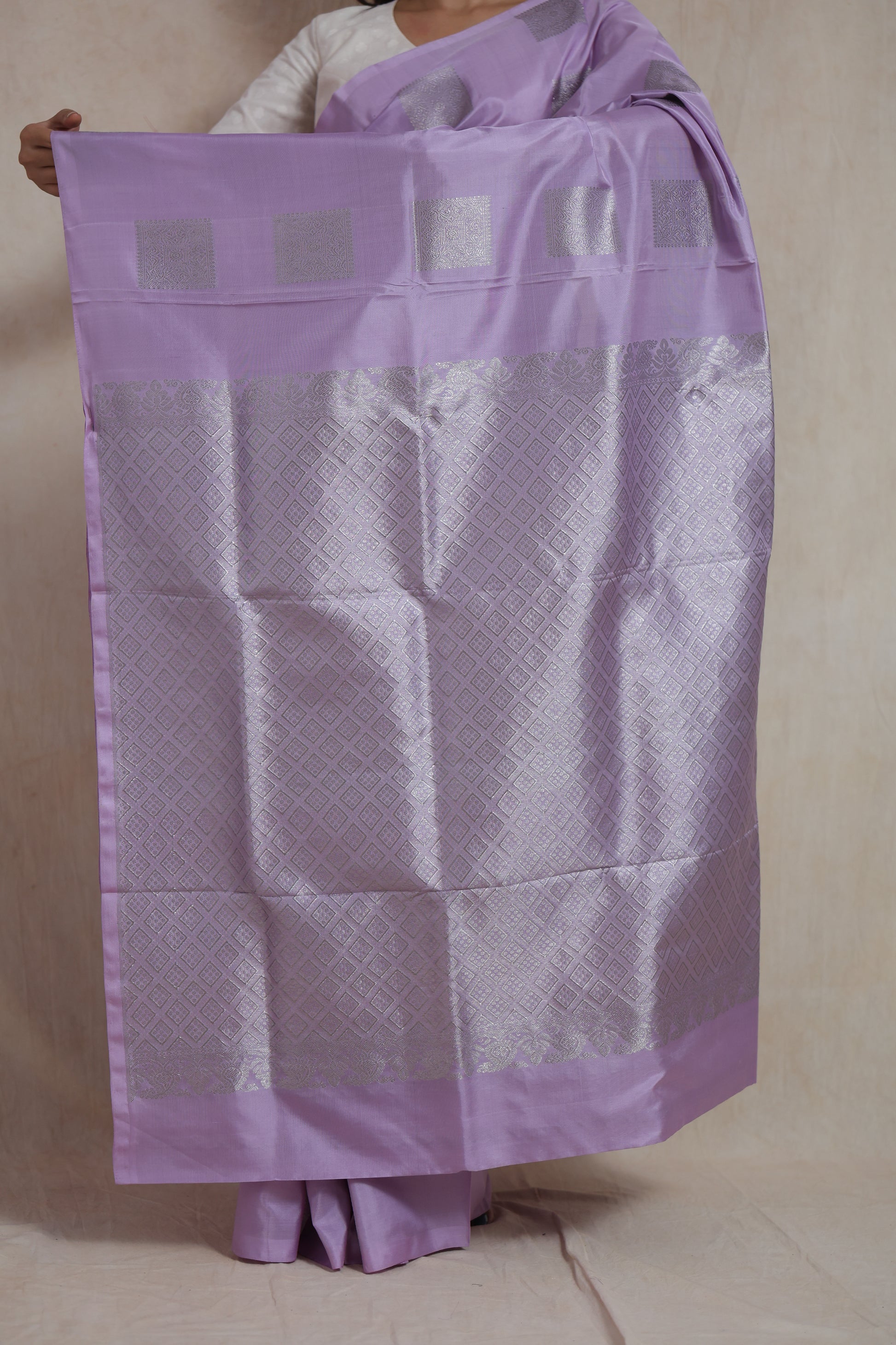 Lavender Venkatgiri silk saree fabric with silver zari motifs