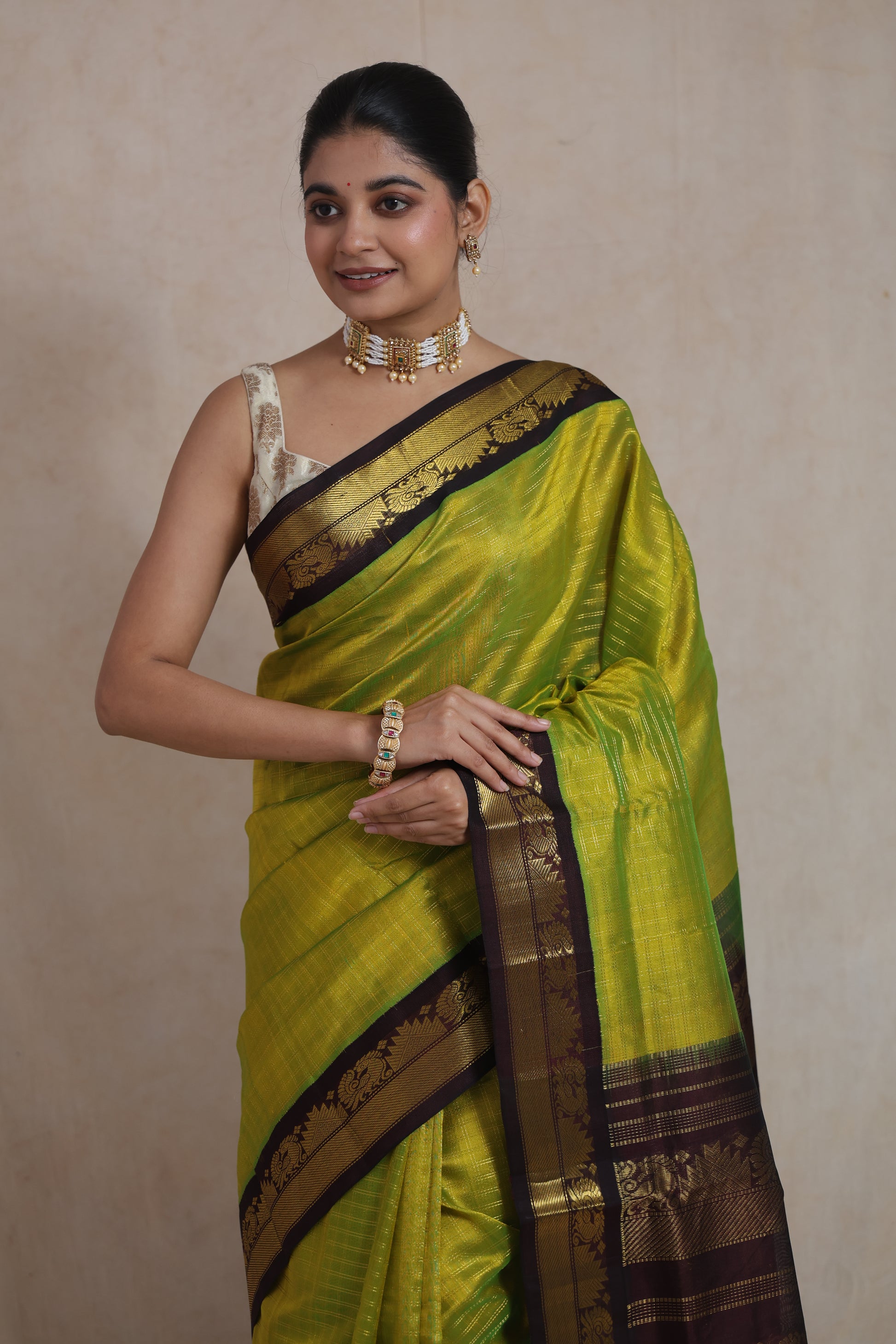 Portrait view of lime green Kanchipuram Sico saree with woven border