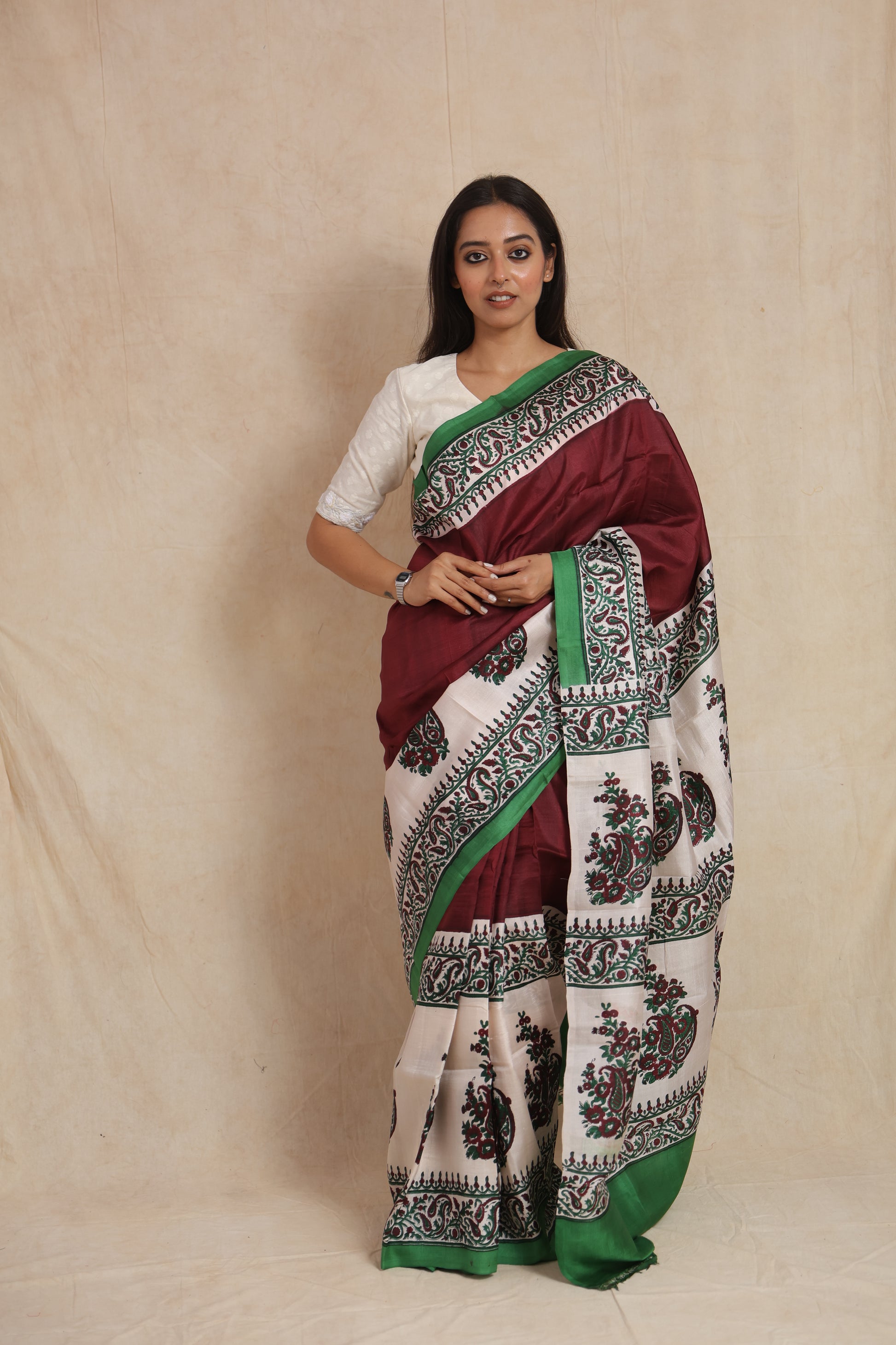 Full front drape view of maroon Batik silk saree with ivory printed pallu
