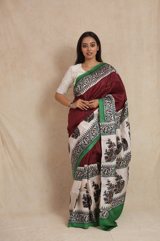 Full front drape view of maroon Batik silk saree with ivory printed pallu