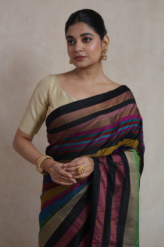 Portrait styling of multicolor Patola silk saree with black border