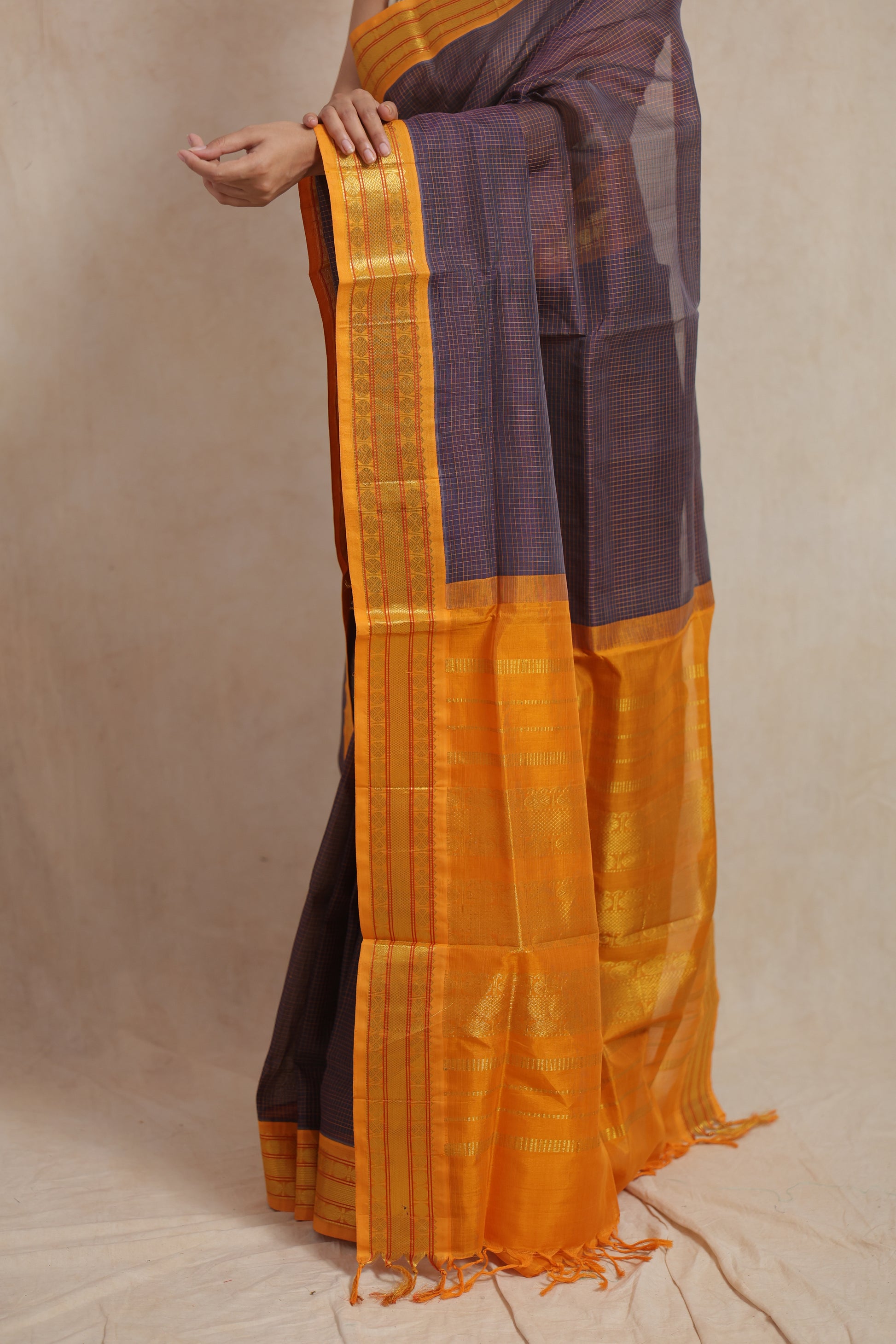 Detailed pallu and border view of indigo Kanchipuram Sico saree