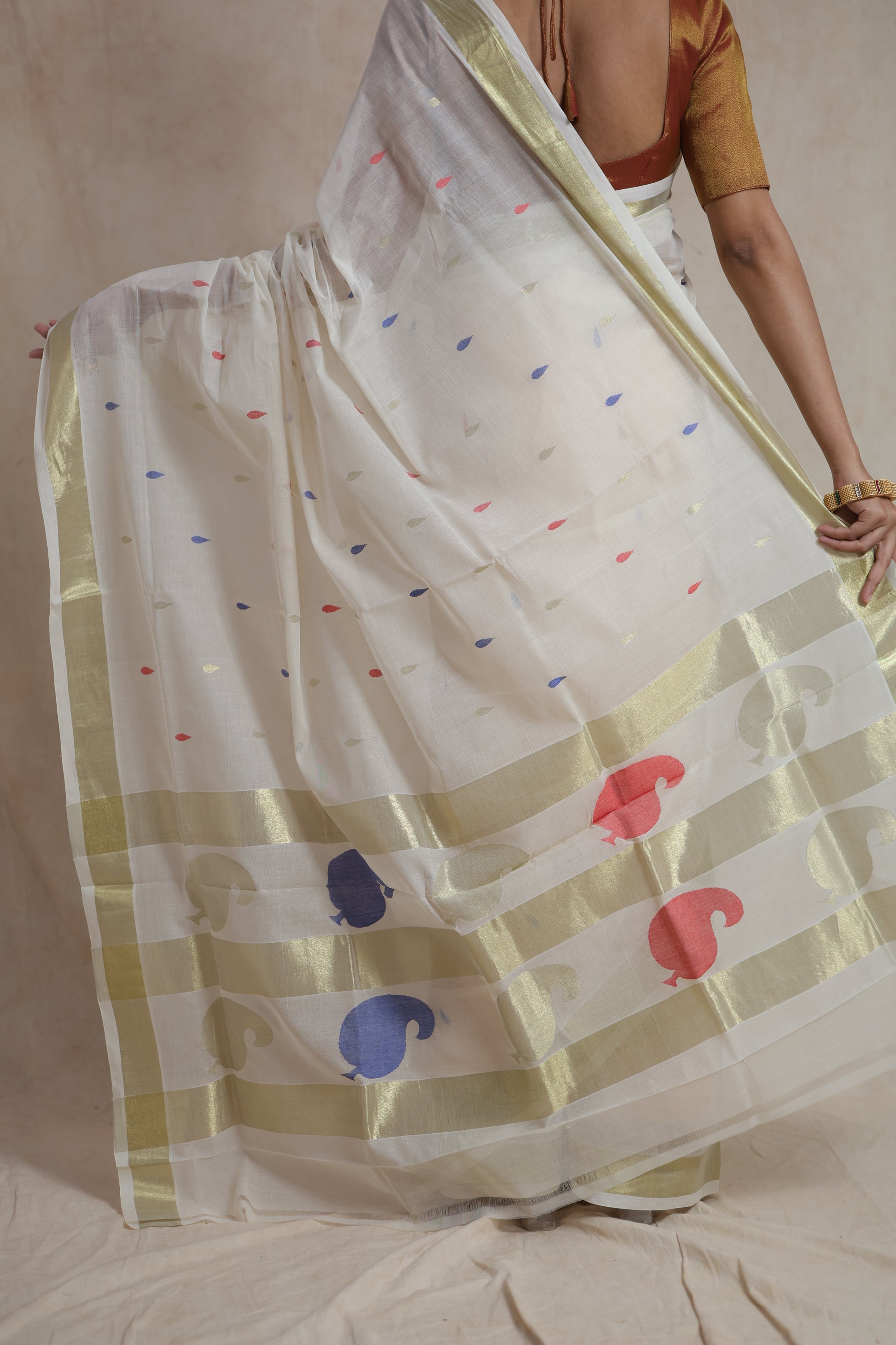 Back drape view of off white Kanchipuram cotton saree with woven pallu
