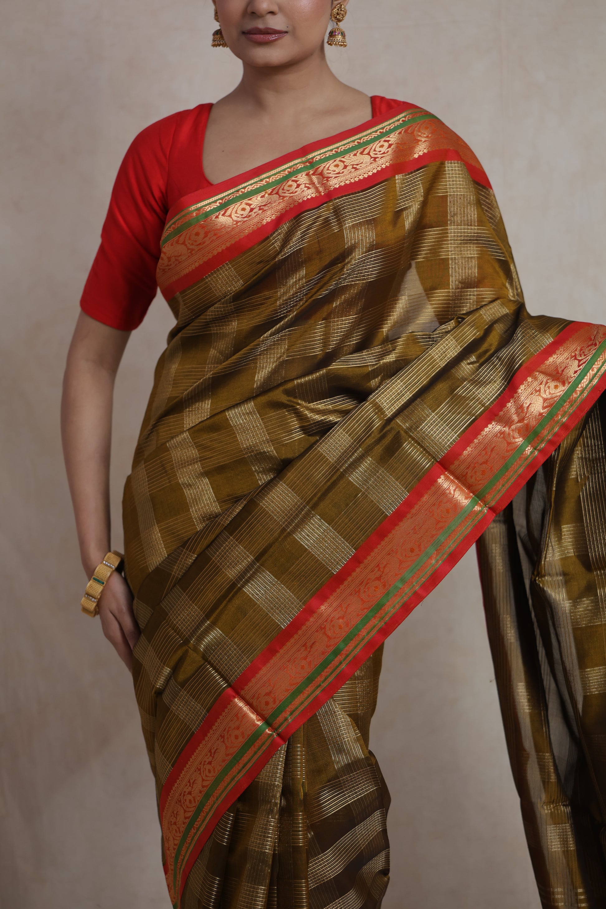 Detailed view of zari checks on Kanchipuram silk cotton saree