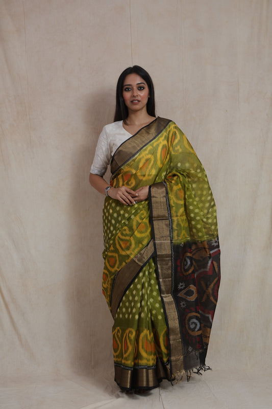 Full-length view of olive green Pochampally silk cotton saree with traditional Ikat motifs and rich pallu