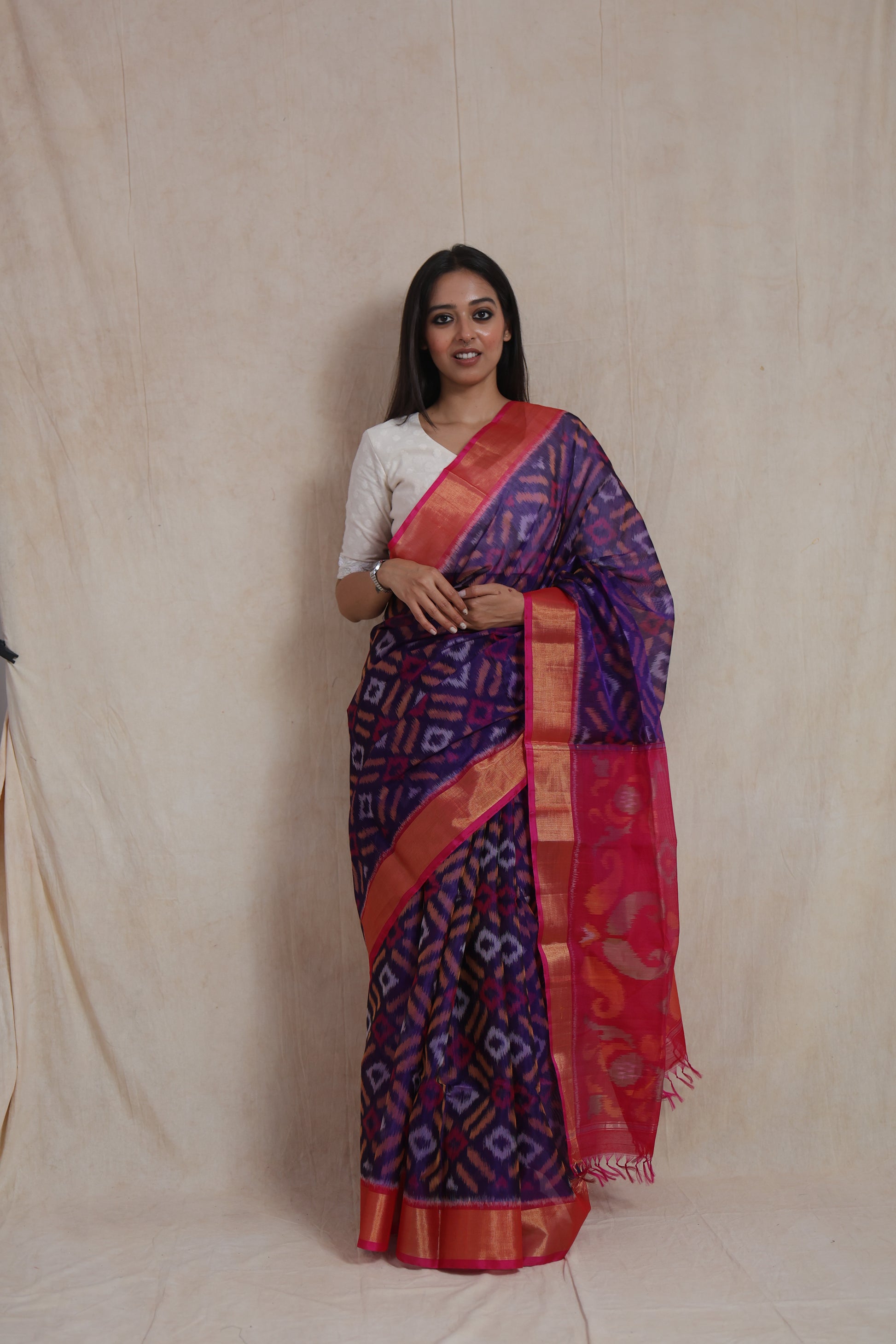 Full front view of purple and pink Panchampali SICO saree