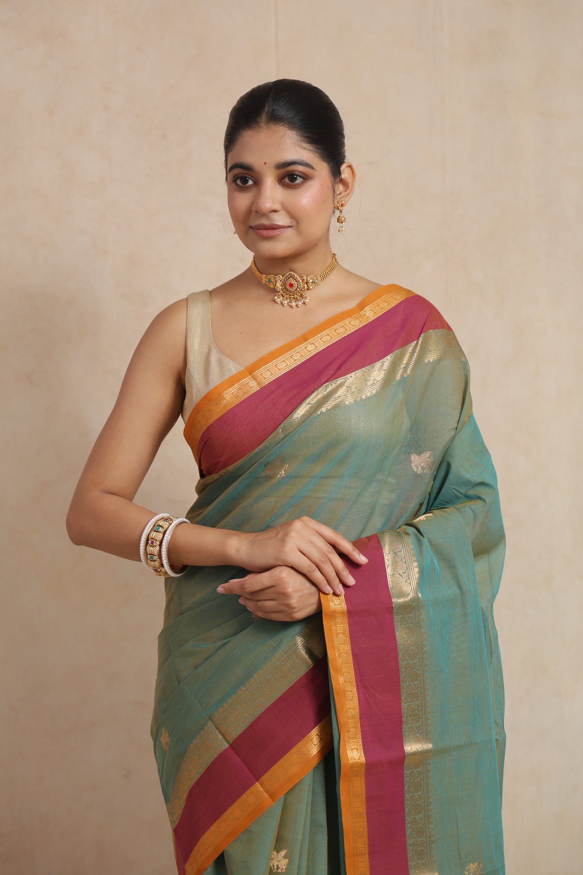 Close-up of pastel aqua green Kanchipuram cotton saree with woven border