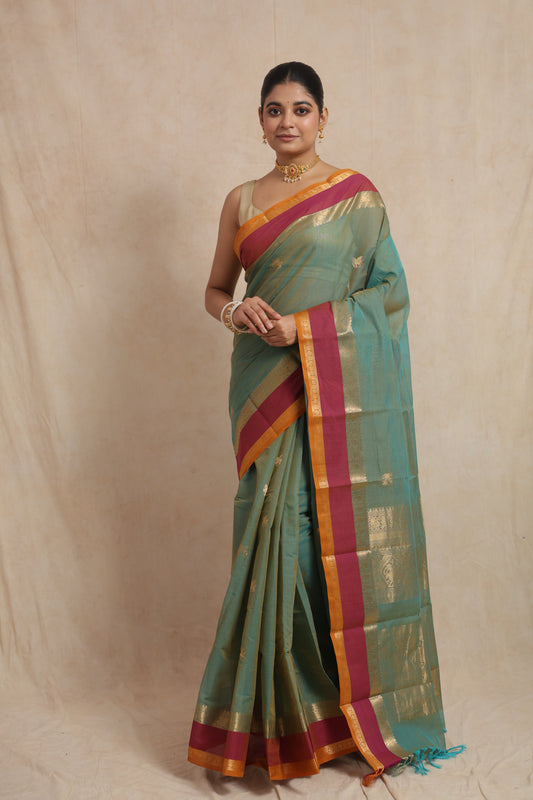 Front view of pastel aqua green Kanchipuram cotton saree
