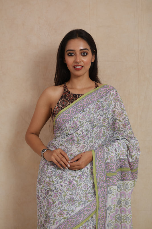 Pastel floral Sanganeri cotton saree with green border