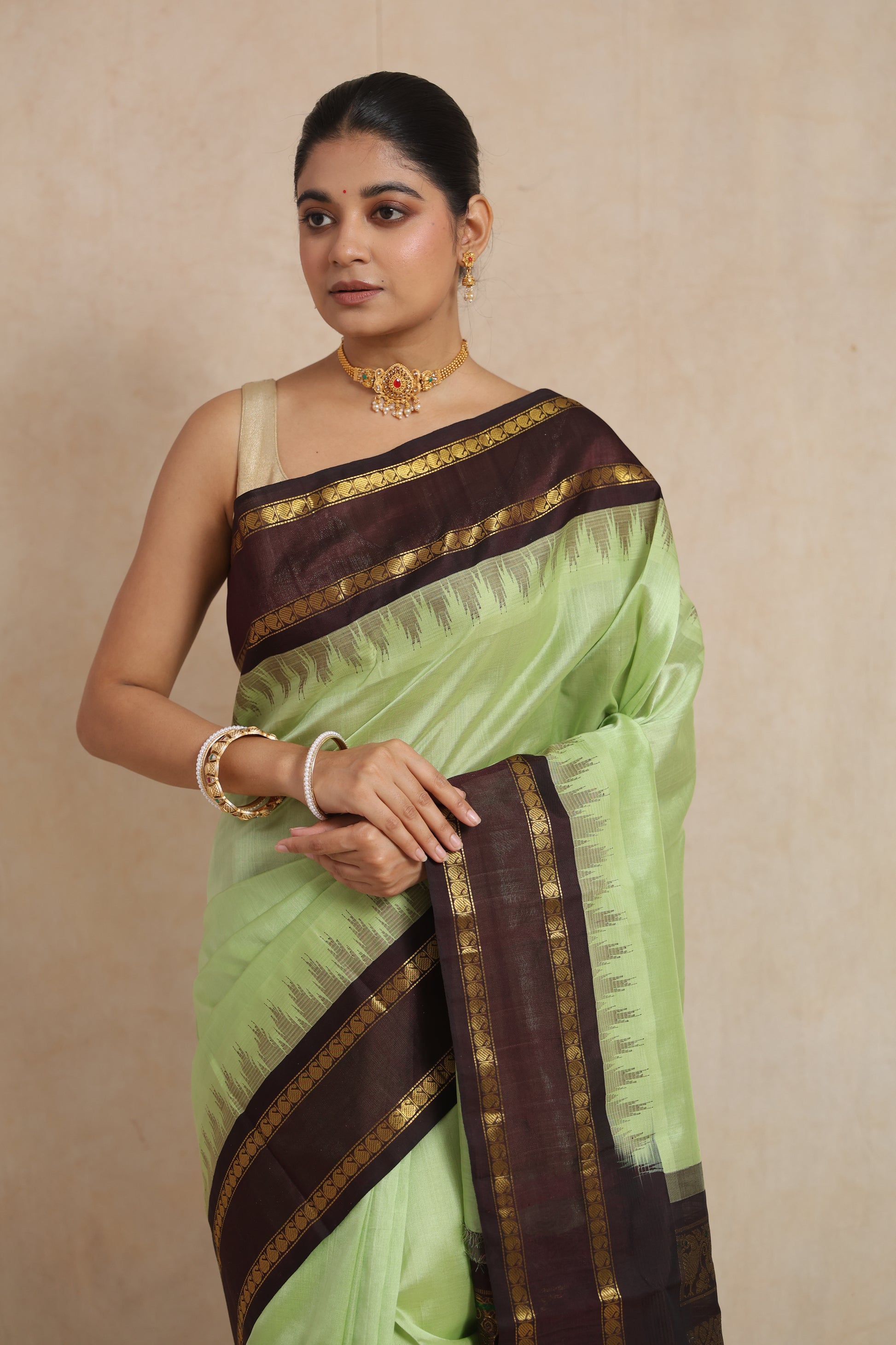 Detailed pallu design of pastel green Kanchipuram Sico saree with traditional zari weaving