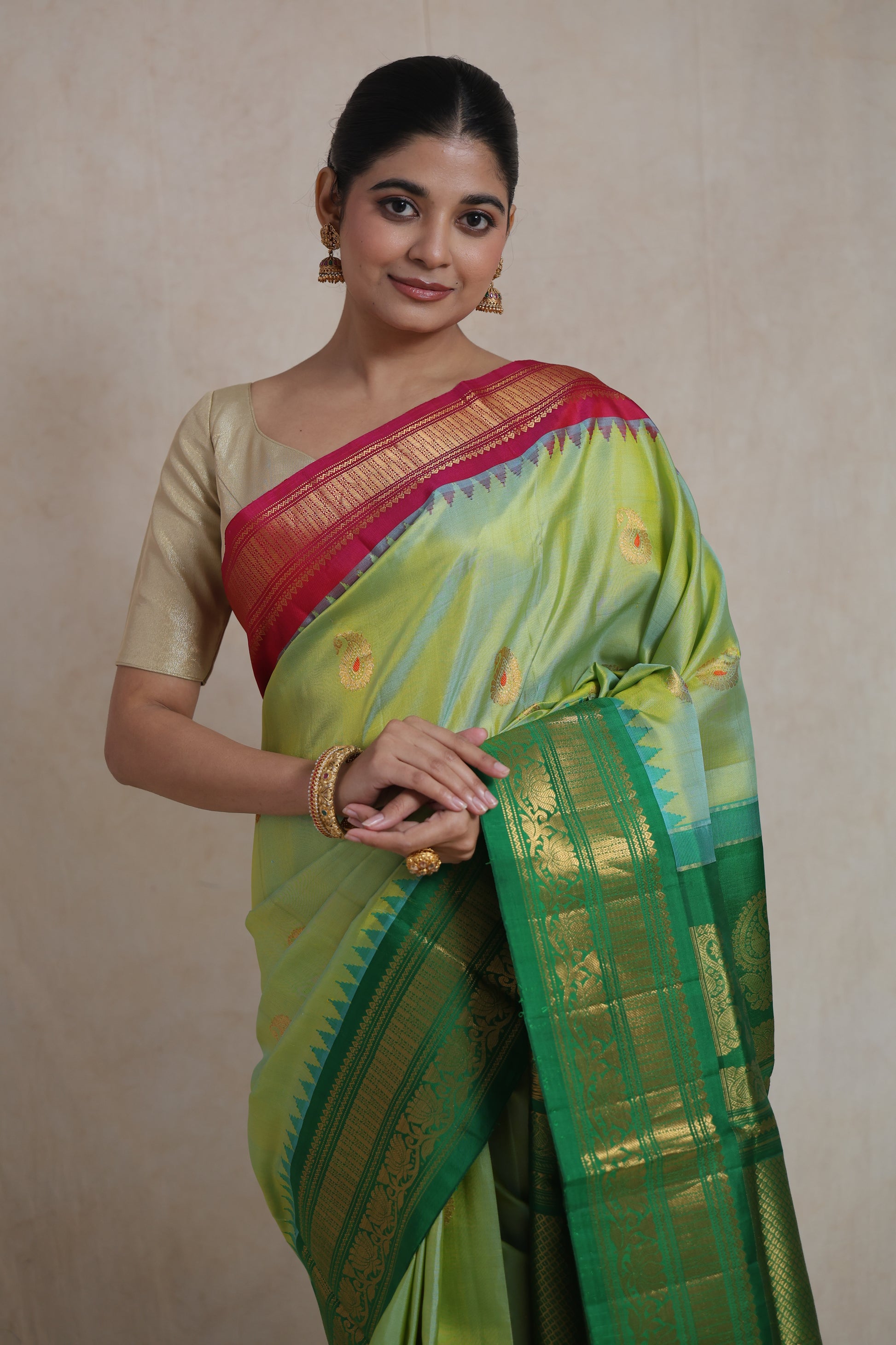 Detailed woven border and pallu design of Gadwal Sico saree
