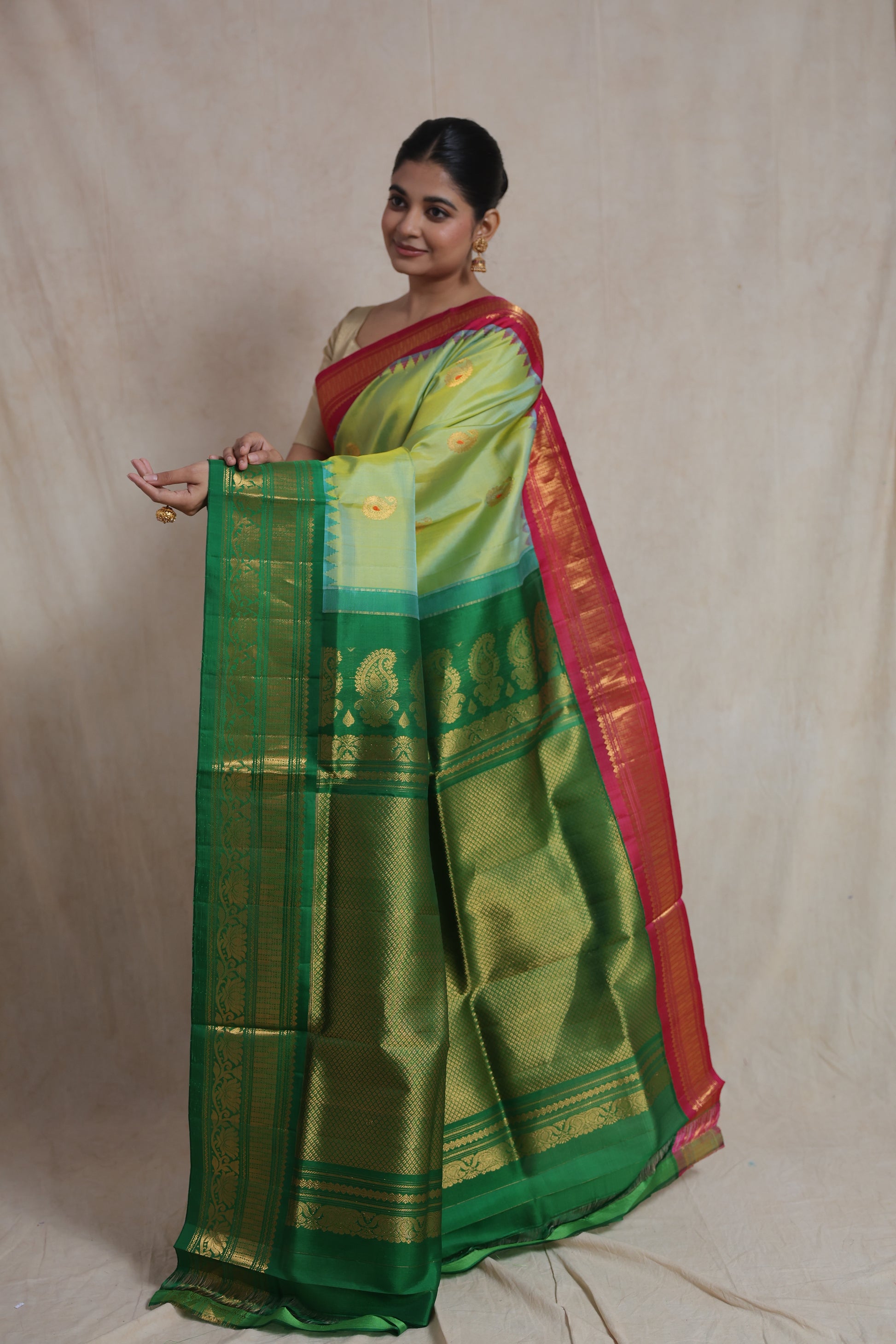 Full-length view of pastel lime green Gadwal Sico saree