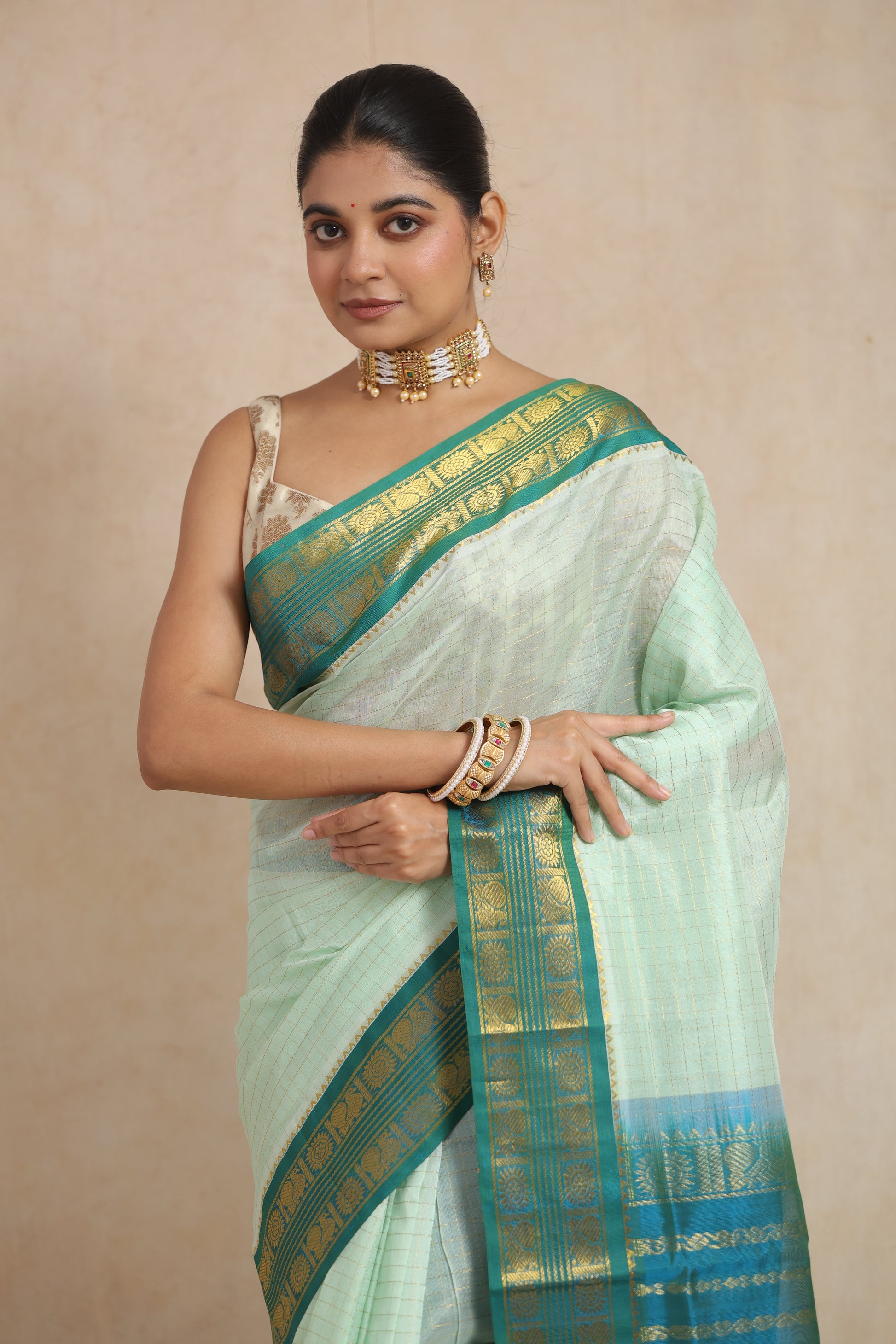 Close-up of pastel mint green Kanchipuram Sico saree with intricate zari woven border