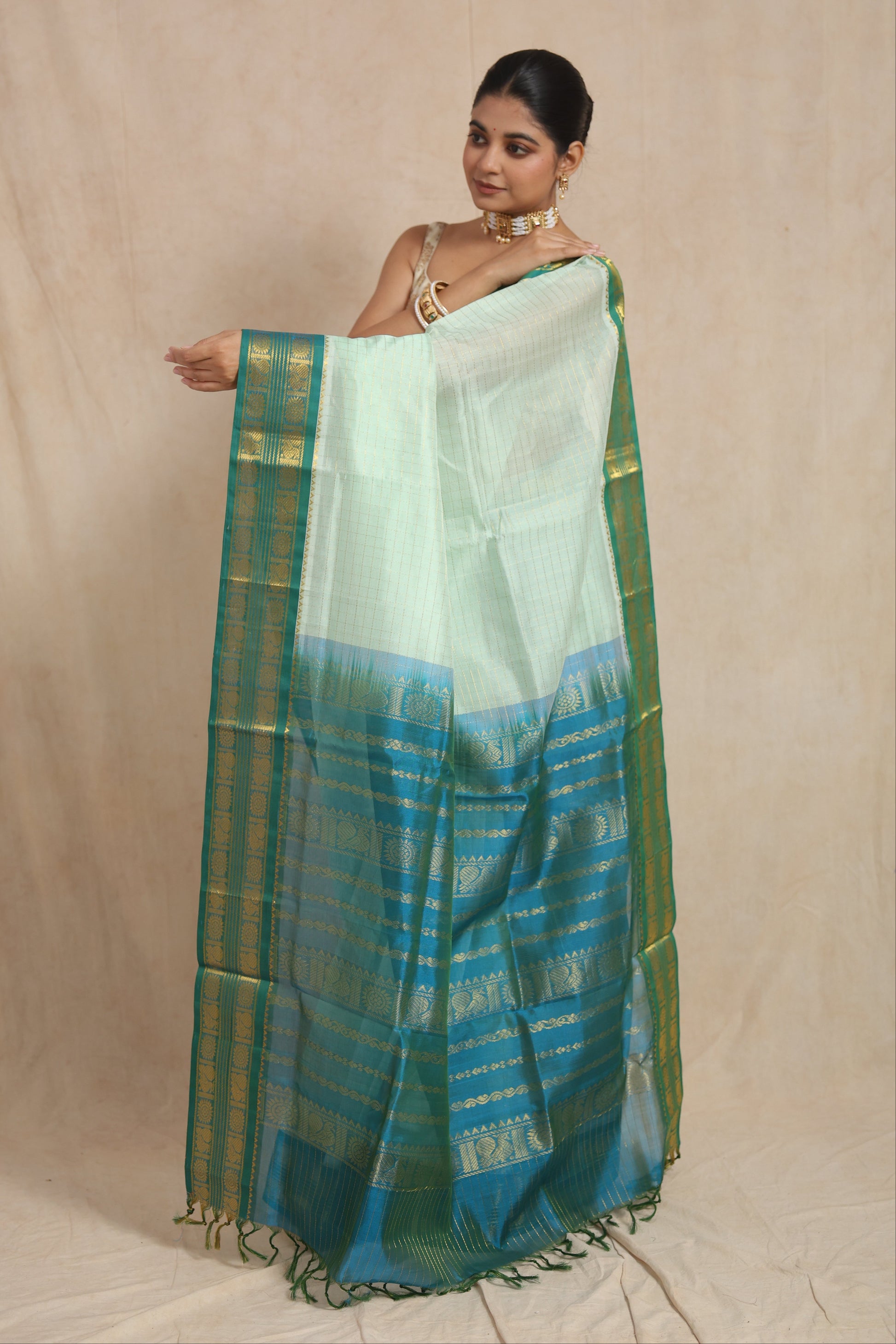 Elegant pallu display of pastel mint green Kanchipuram Sico saree with traditional motifs