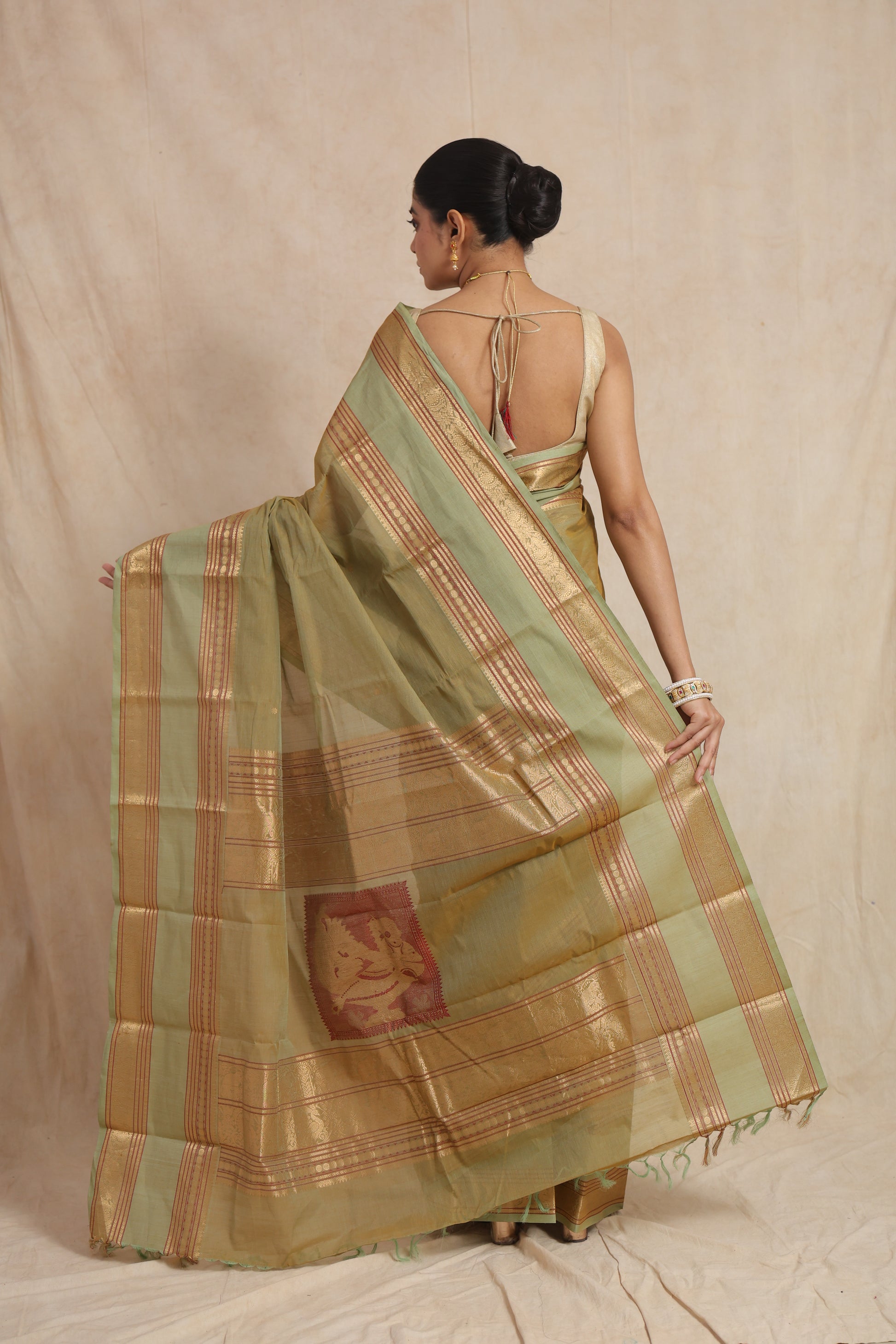 Back pallu display of pastel sage green Kanchipuram cotton saree