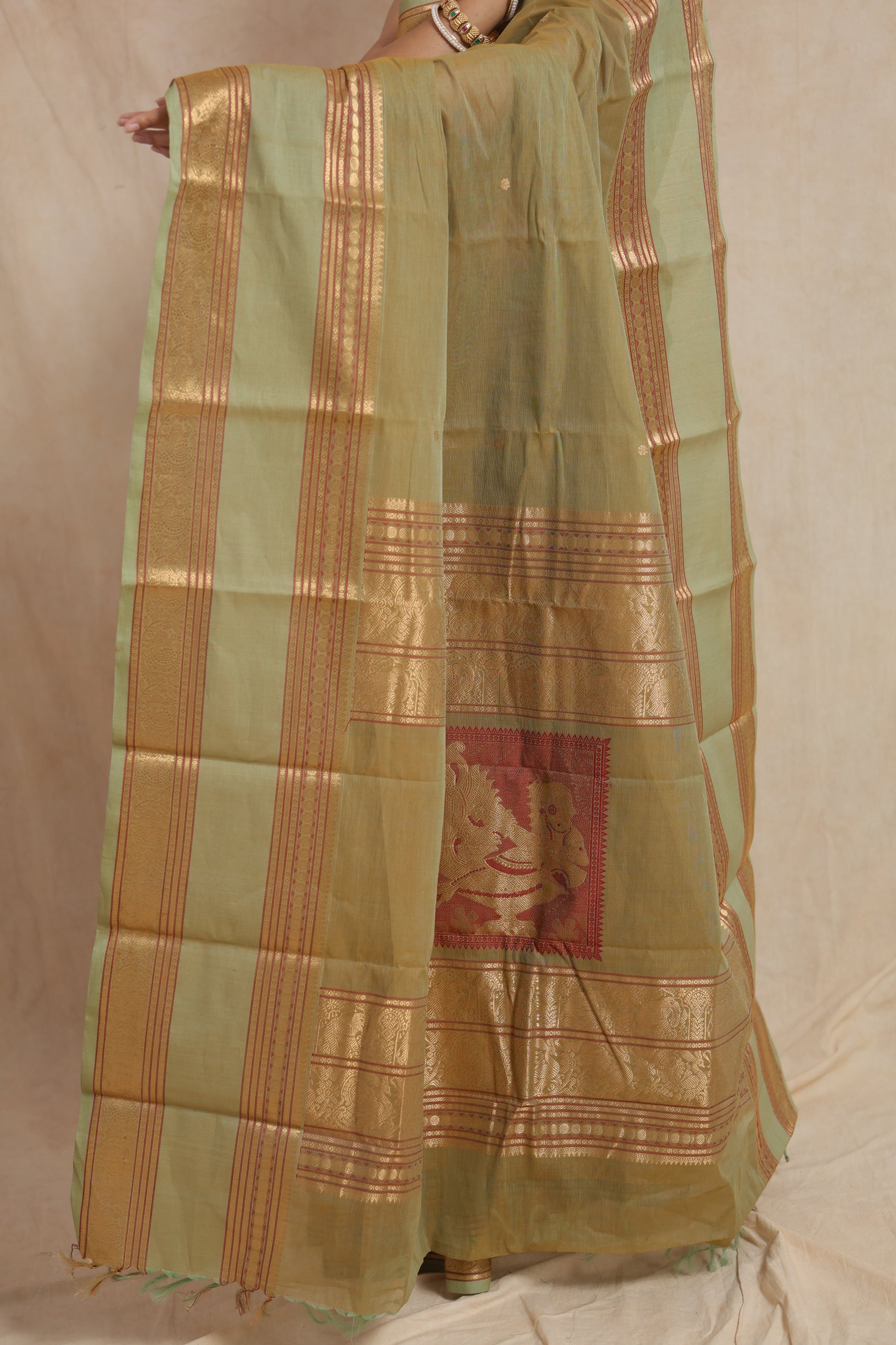 Border close-up of pastel sage green Kanchipuram cotton saree