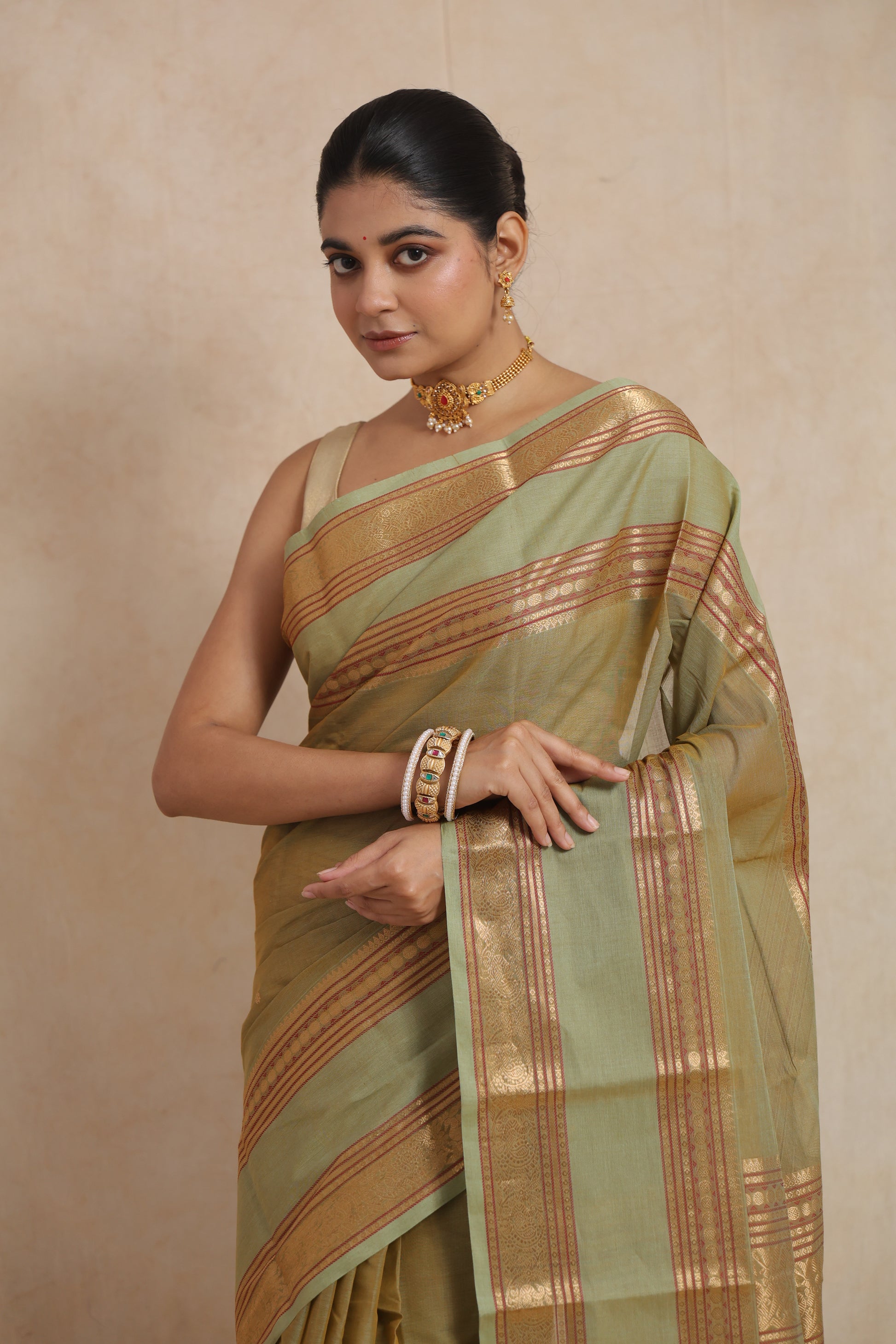 Close-up portrait in pastel sage green Kanchipuram cotton saree