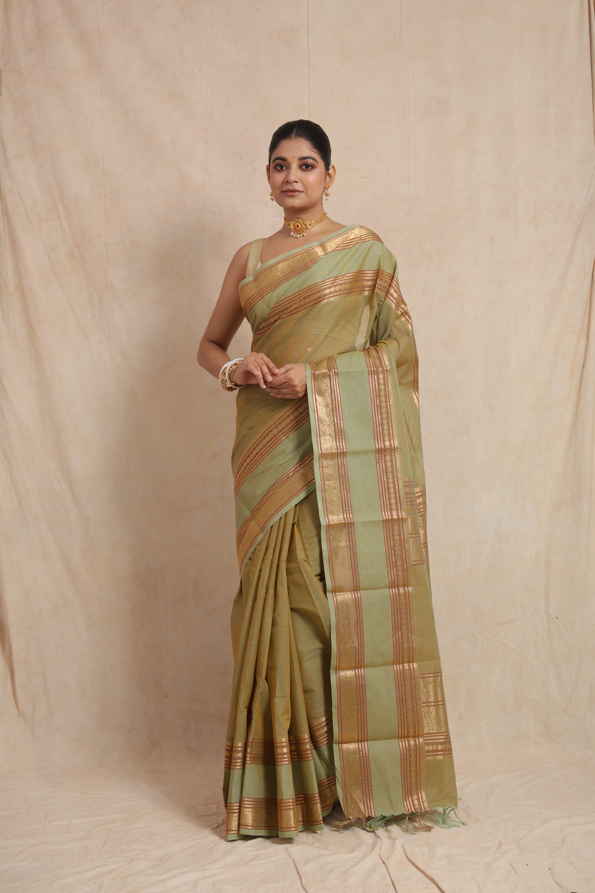 Front view of pastel sage green Kanchipuram cotton saree