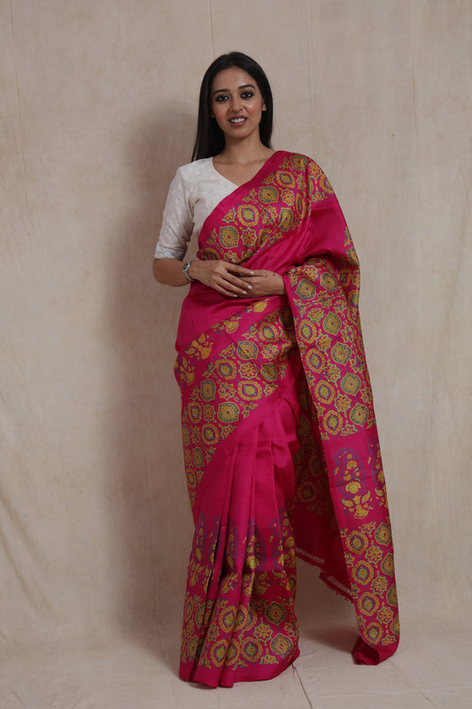 Full-length view of handcrafted Batik silk saree featuring intricate ethnic prints