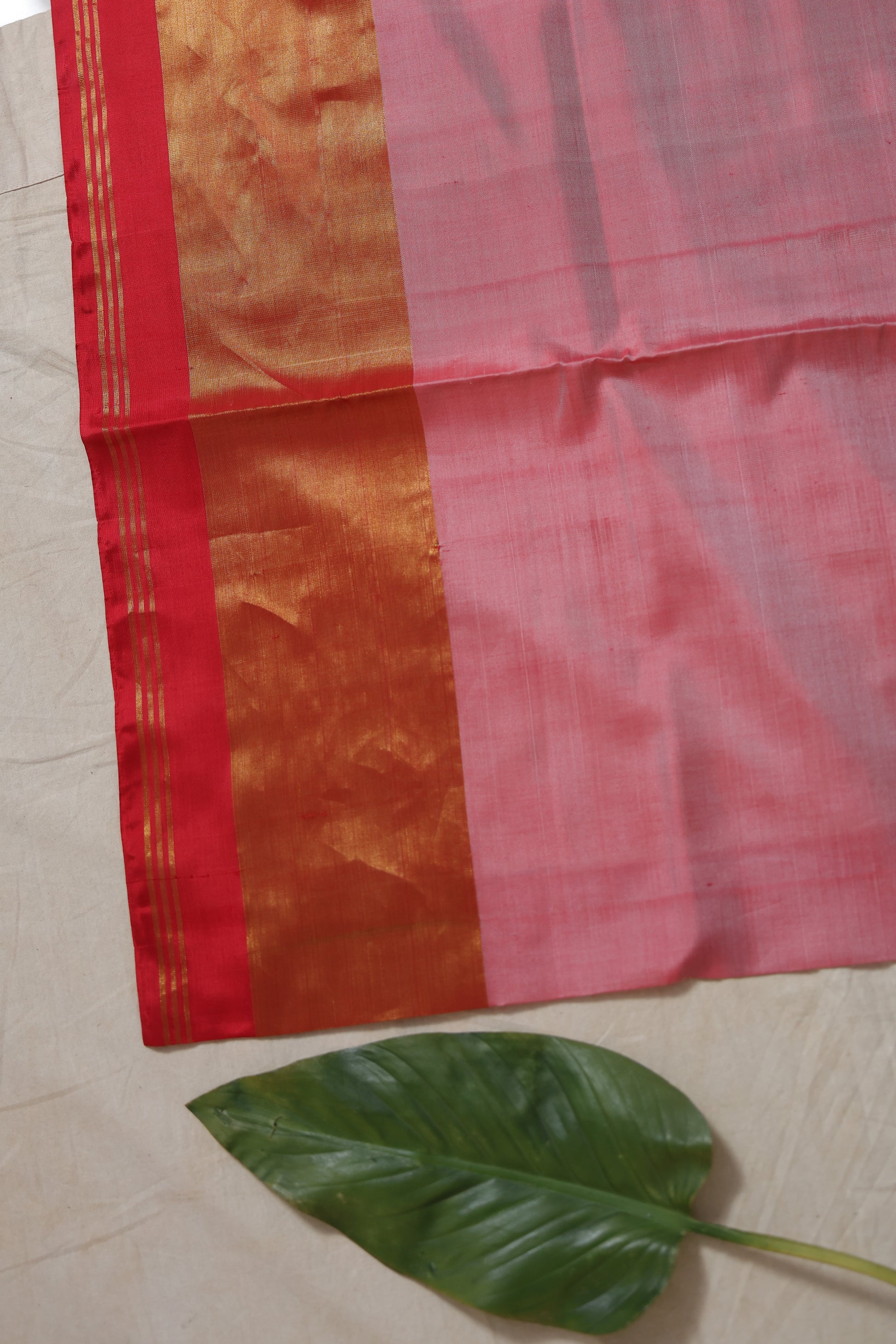 Back view of pink Kanchipuram cotton saree showcasing zari pallu