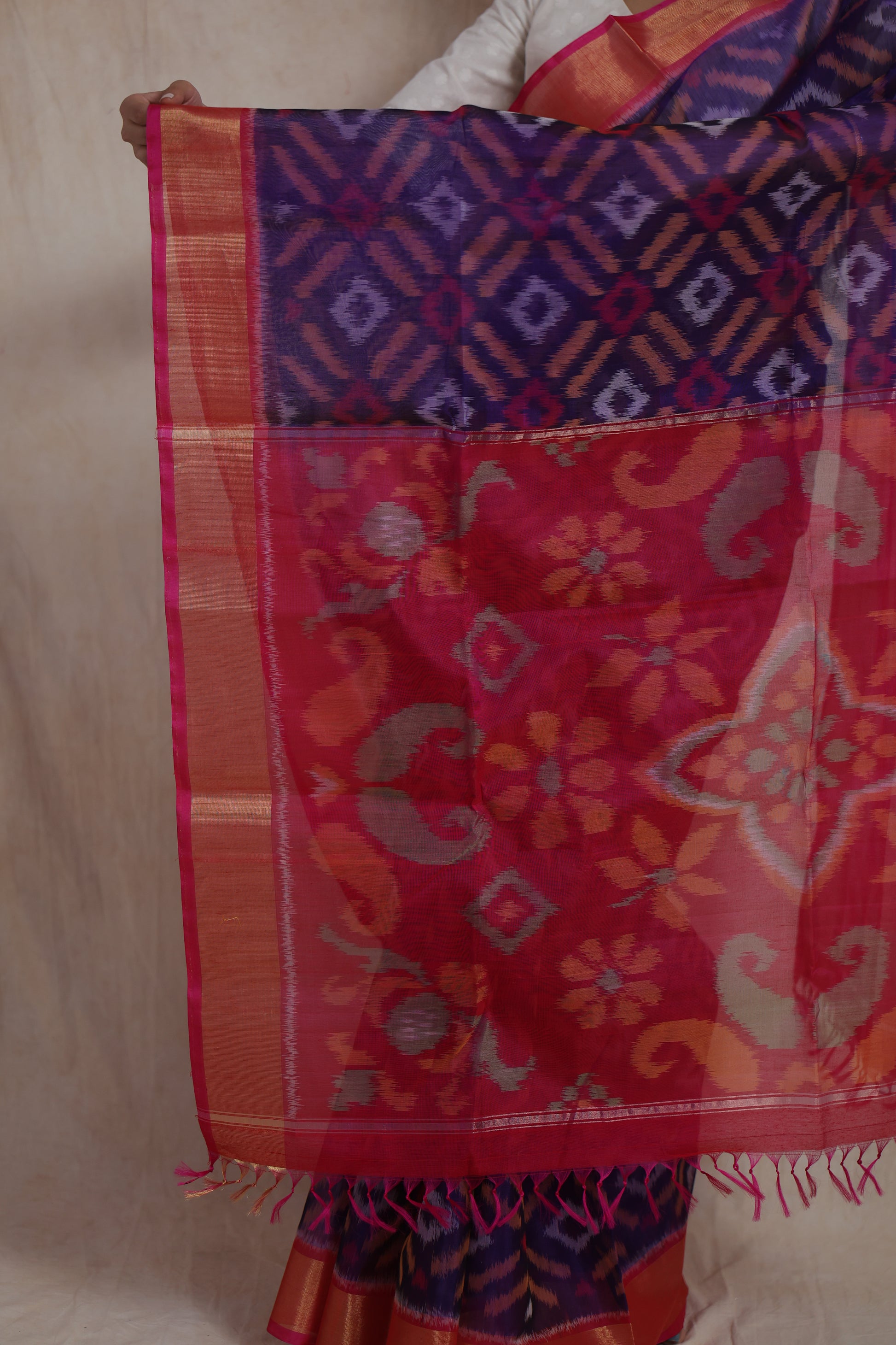 Close-up view of floral woven pallu on purple Panchampali SICO saree