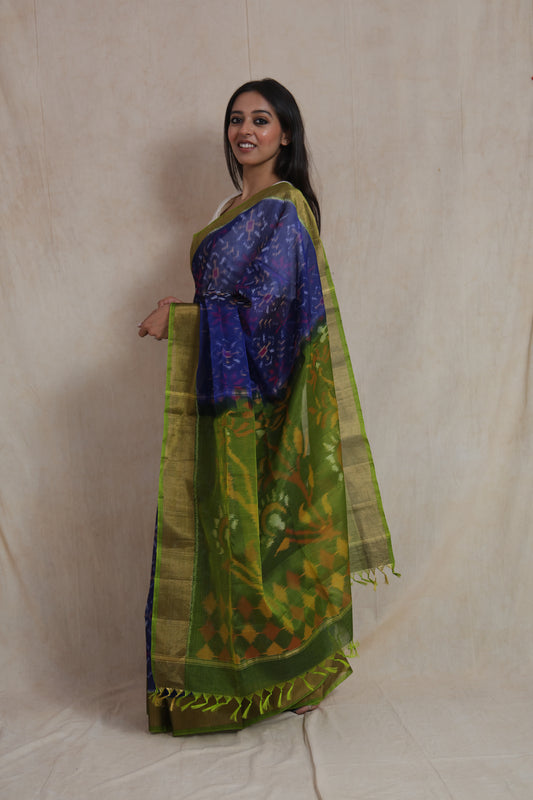 Side profile showcasing woven pallu of royal blue and olive green SICO saree