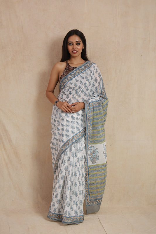 Full front drape look of powder blue Sanghnaree cotton saree