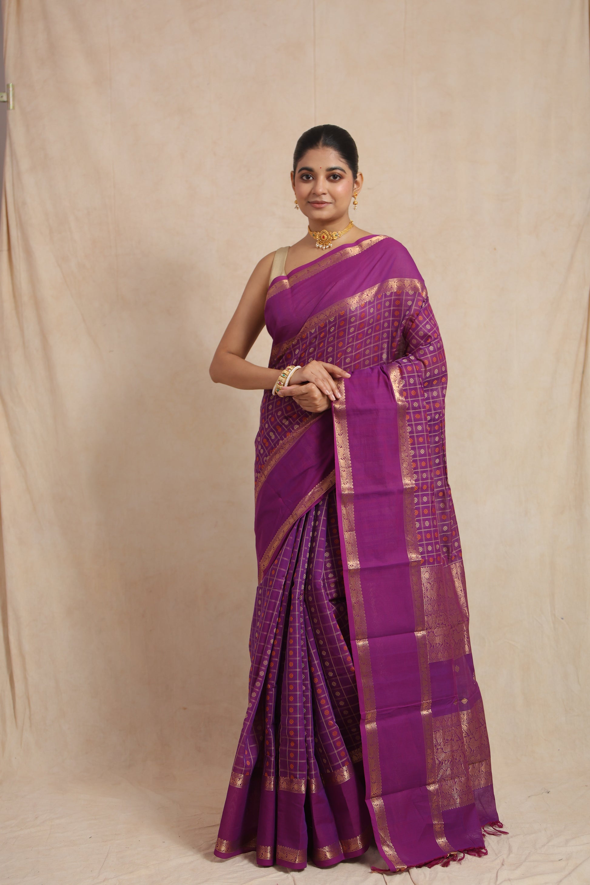 Front drape view of purple Kanchipuram cotton saree