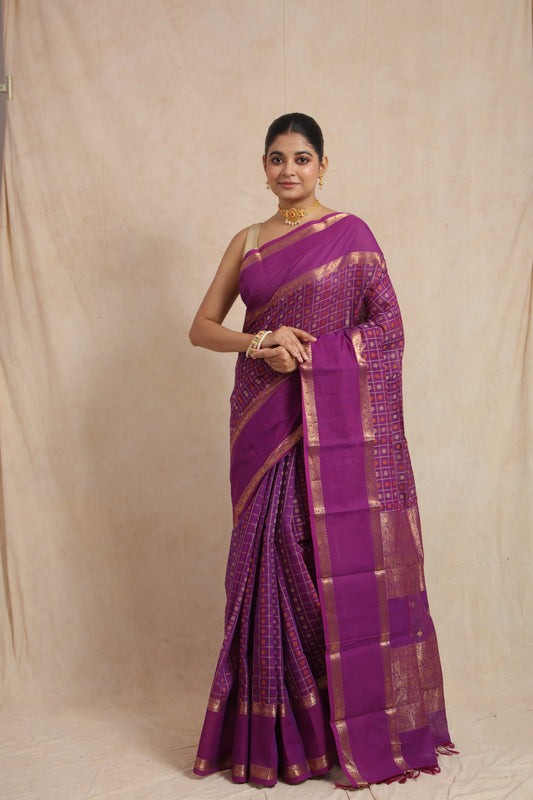 Front drape view of purple Kanchipuram cotton saree